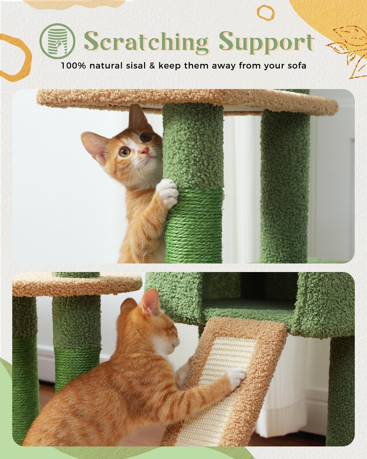 Pequlti 53'' Cat Tree For Indoor Cats, Large Condo, Sisal Scratching Posts, Hammock & Perch, Fresh Cactus Design, Sturdy, Multi-