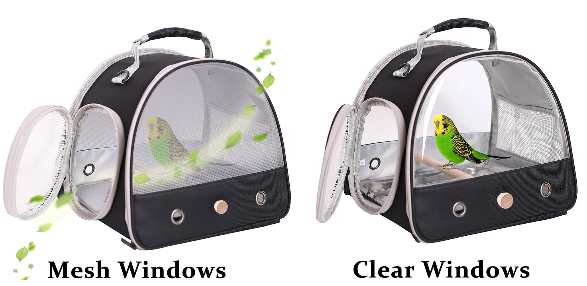 Bird Carrier, Portable Small Bird Parrot Parakeet Carrier with Standing Perch (No Tray), Side Access Window Collapsible (Black,