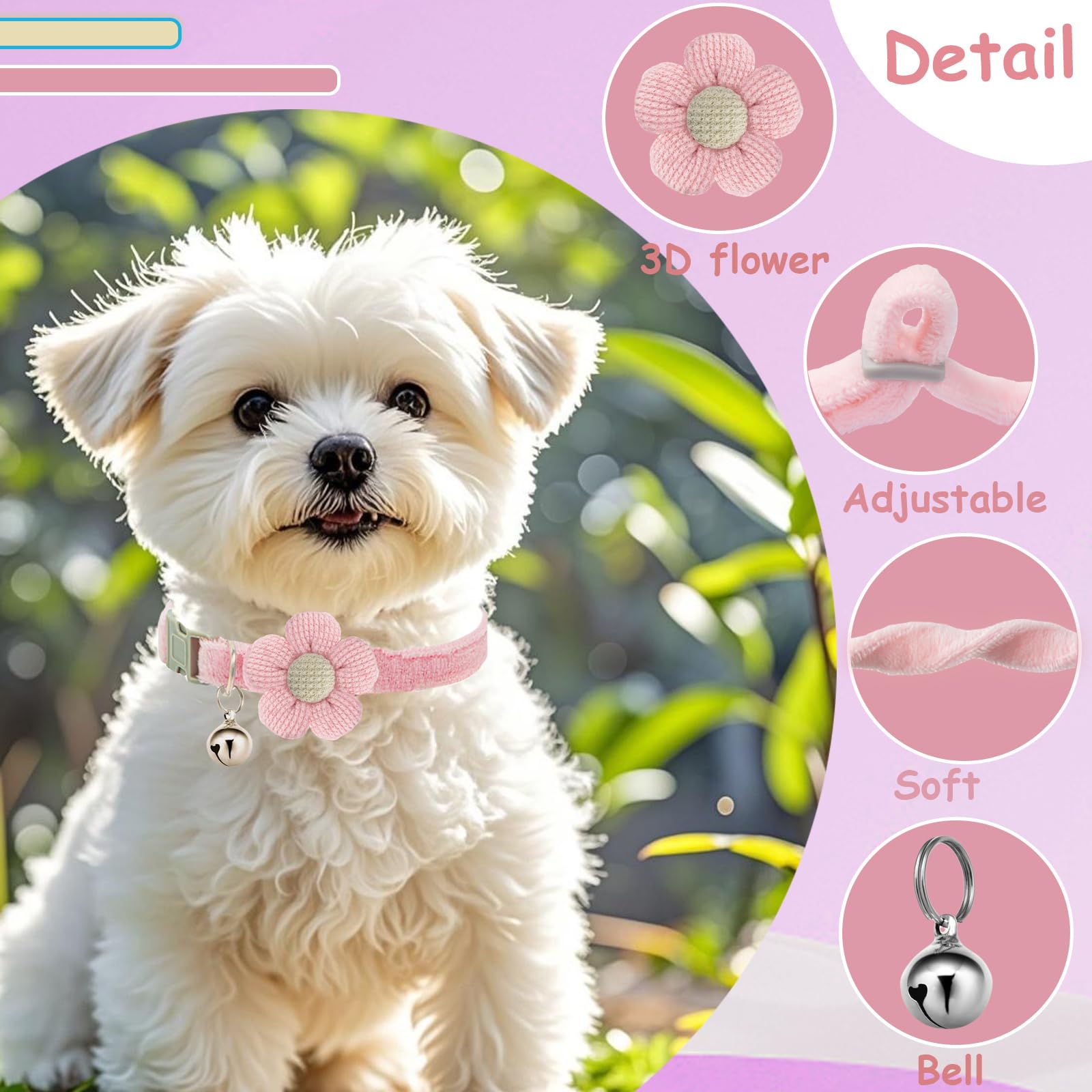 Puppy Collars, Small Dog Collar For Girl Boy, Xs Dog Collars For Small Dogs For Female Male Dogs With Flower And Bell(Pink + Pur