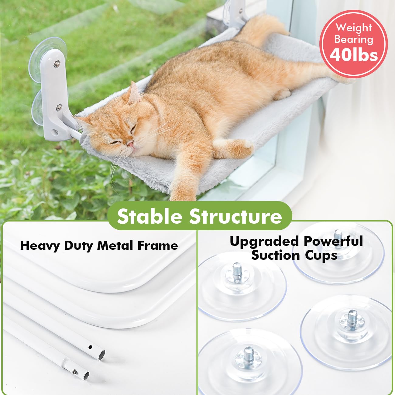 Zoratoo Cordless & Foldable Cat Window Perch With Metal Frame And Reversible Washable Cover Pet Hammock Bed, 4 Large Suction Cup