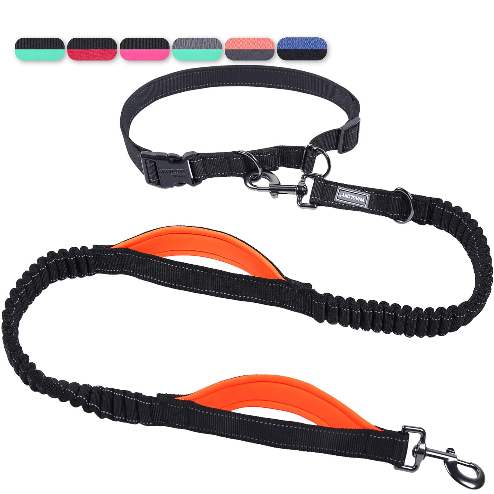 Vivaglory Hands Free Dog Leash With Dual Advanced Anti-Shock Bungees And Padded Handles, Reflective Waist Running Leash With Adjustable Belt For Training Jogging For Medium Large Dogs, Black/Orange