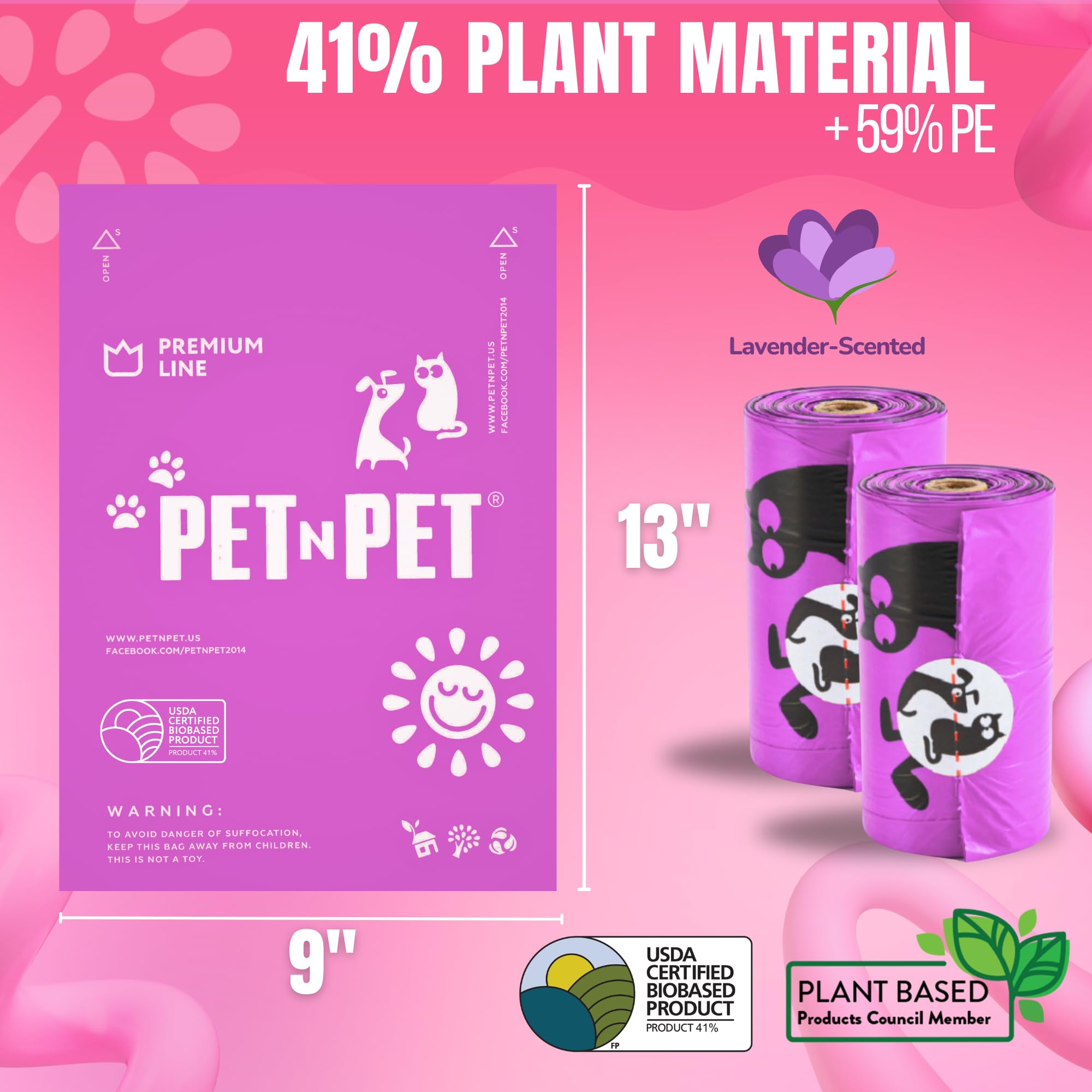 Pet N Pet Poop Bags For Dogs, 960 Counts Lavender Scented Dog Poop Bags Rolls, Usda Certified 38% Plant Based & 62% Pe Dogs Wast