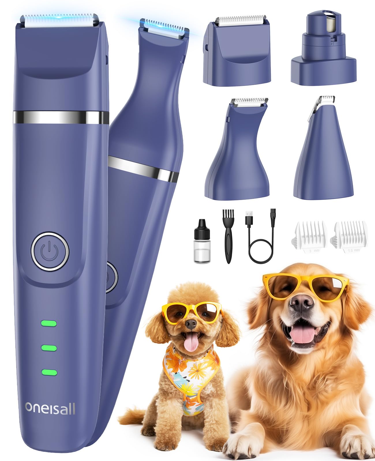 Oneisall Dog Clippers & Dog Paw Trimmer 4-In-1 Cordless Grooming Kit: 2-Speed Low Noise Clippers With Rechargeable Quiet Nail Gr