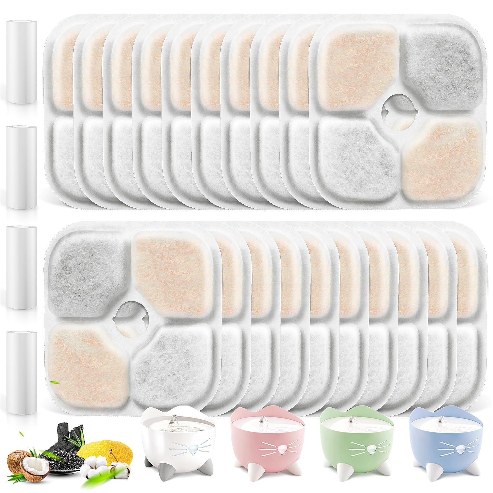 KTNAid 20 Pack Pet Fountain Filters for Catit PIXI Cat Drinking Fountain, Replacement Triple Action Water Filter with Ion-Exchan