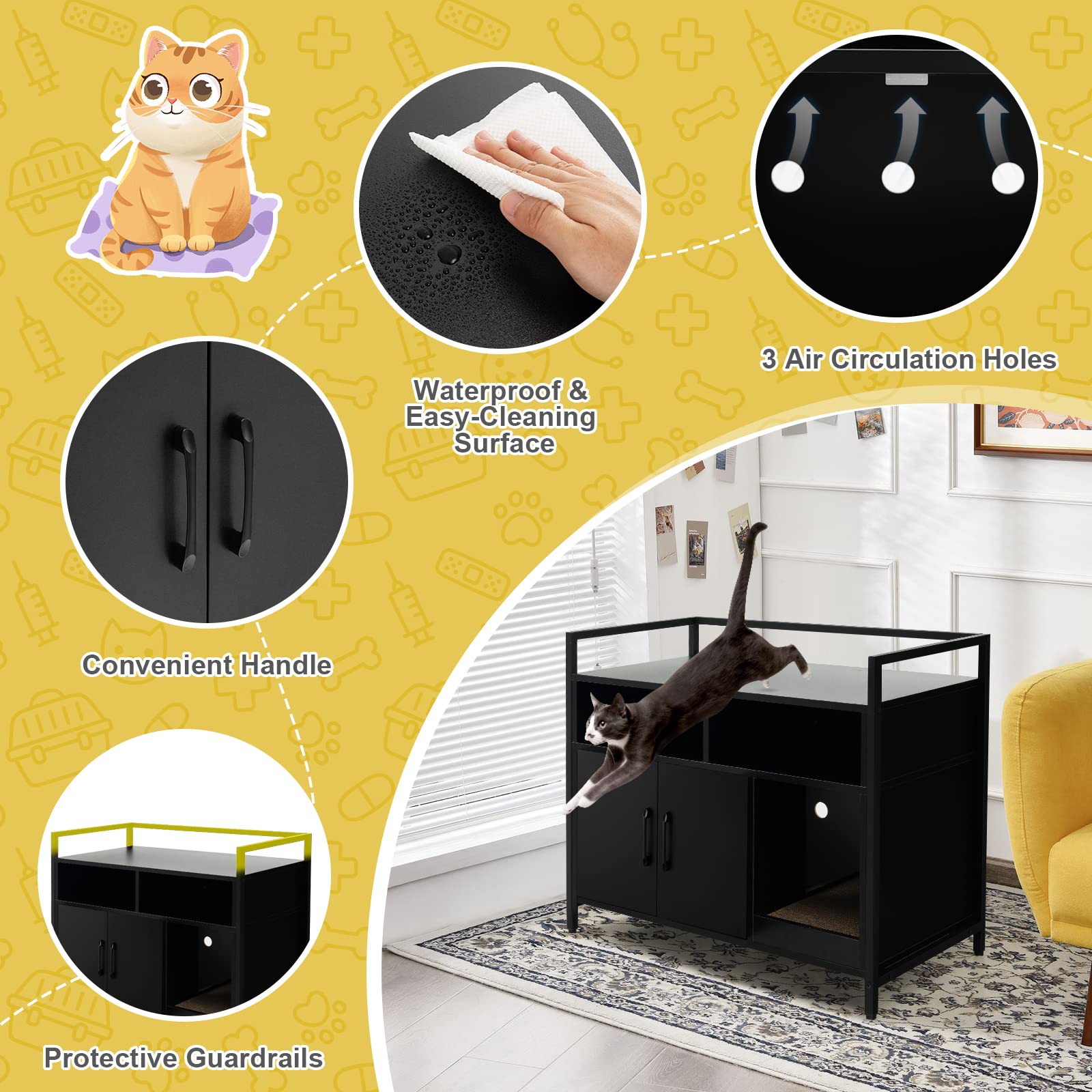 Tangkula Litter Box Enclosure, Cat Litter Box Furniture Hidden W/Metal Frame, Scratching Board, Storage Compartment, Wooden Cat Washroom, Indoor Cat House Side Table, Cat Box Cabinet (Black)