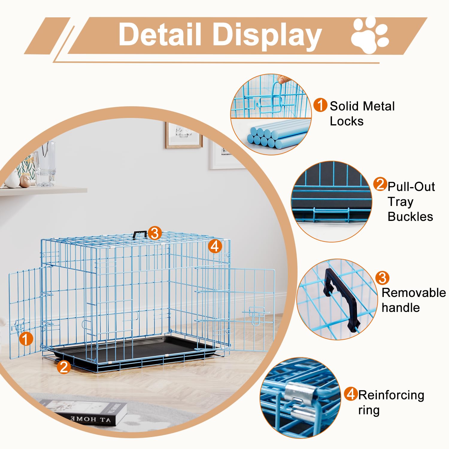 FDW 24inch Dog Crate Pet Cage with Metal Folding Design Plastic Tray Indoor Outdoor Dog Kennel Cage for Small Dogs,Blue