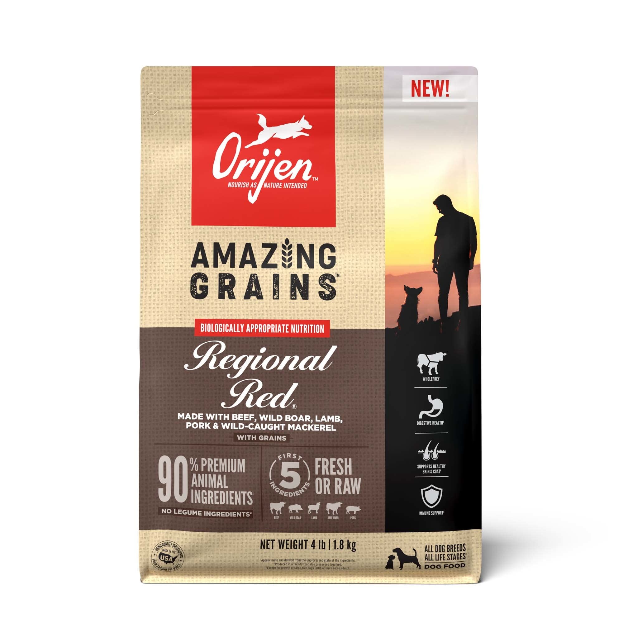 ORIJEN Amazing Grains High Protein Dry Dog Food Regional Red Recipe 4lb Bag