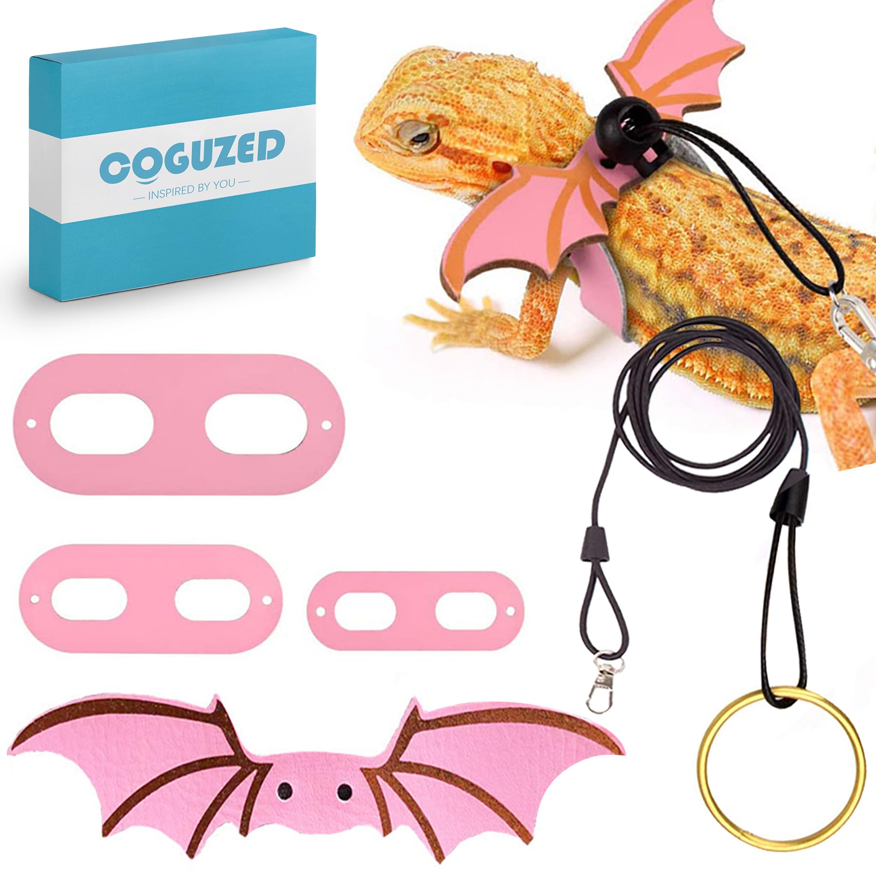 Coguzed Bearded Dragon Leash And Harness Set, Adjustable Lizard Harness With Wings, Cool Leather Reptile Leash For Bearded Drago