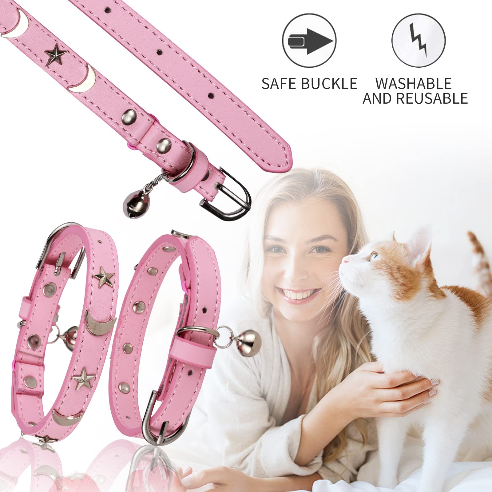 Chukchi Leather Cat Collars For Boy Girl Cats With Bell And Safety Elastic Belt, Personalized Star And Moon Stud Adjustable Safe