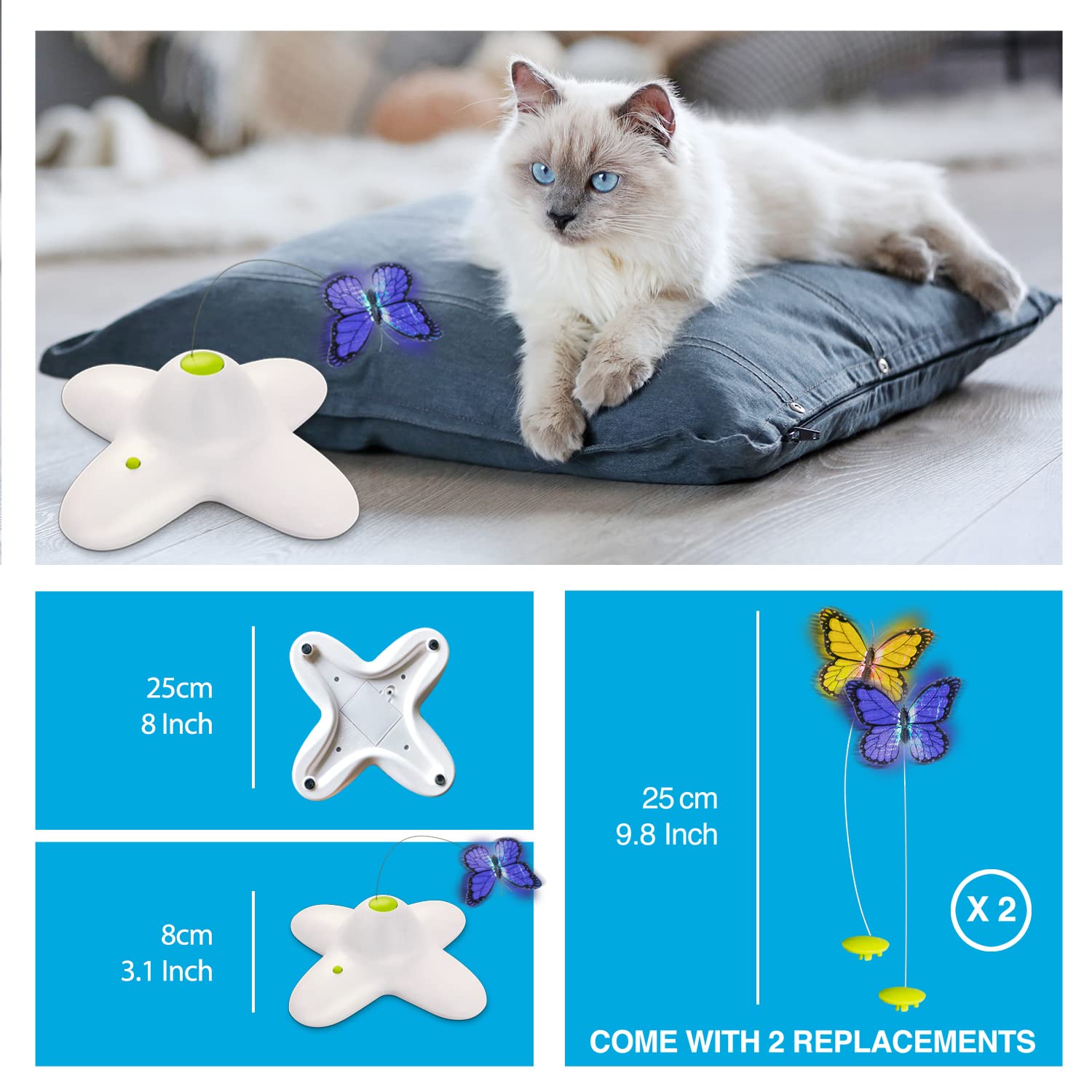 AFP Interactive Cat Toy, Butter-Fly Interactive for Indoor Cats, Flutter Bug Cat Toys, Flutter Rotating Kitten Toys with 2 Repla