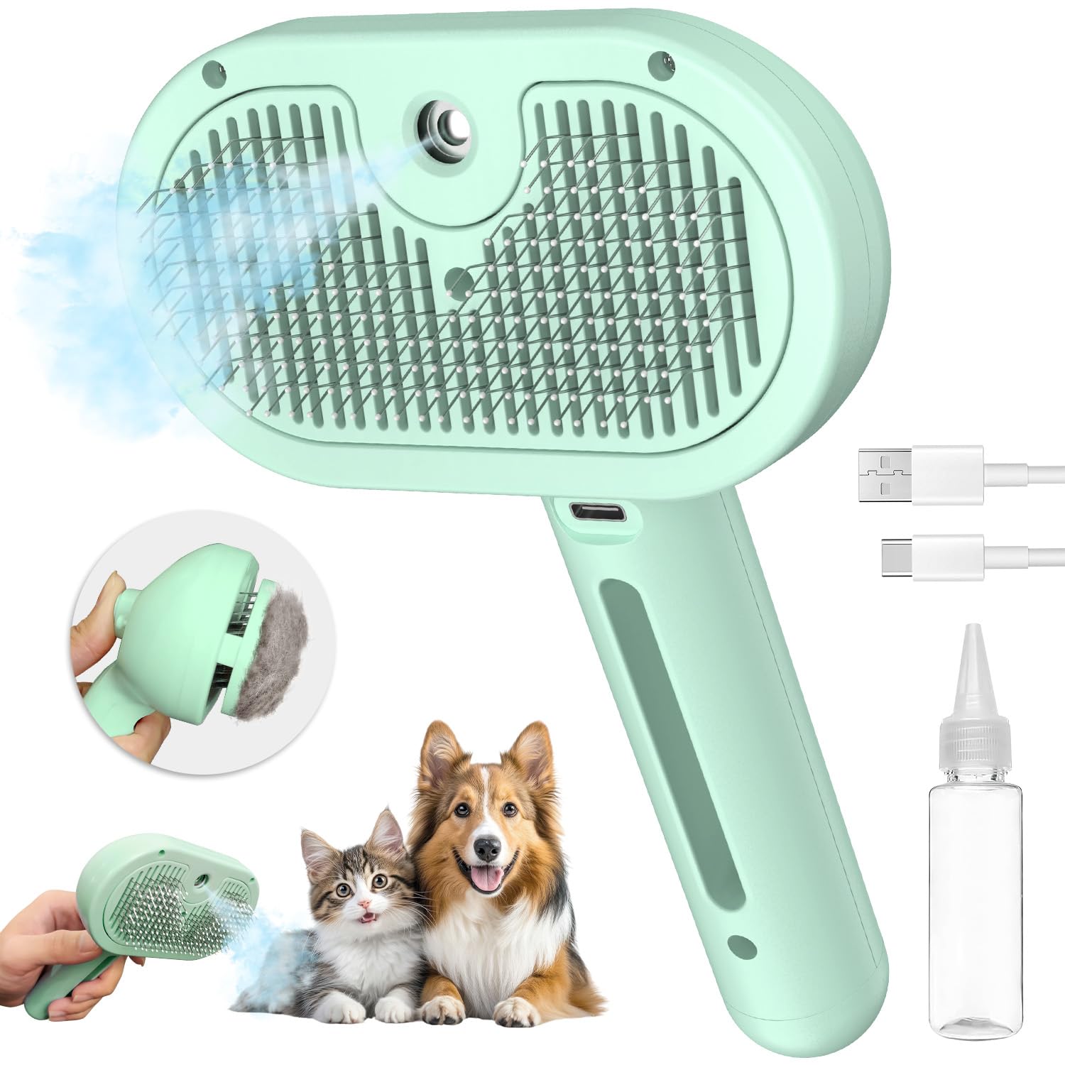 Cat & Dog Steam Brush - 3 in 1 Self Cleaning, Removes Tangled Hair (Green)