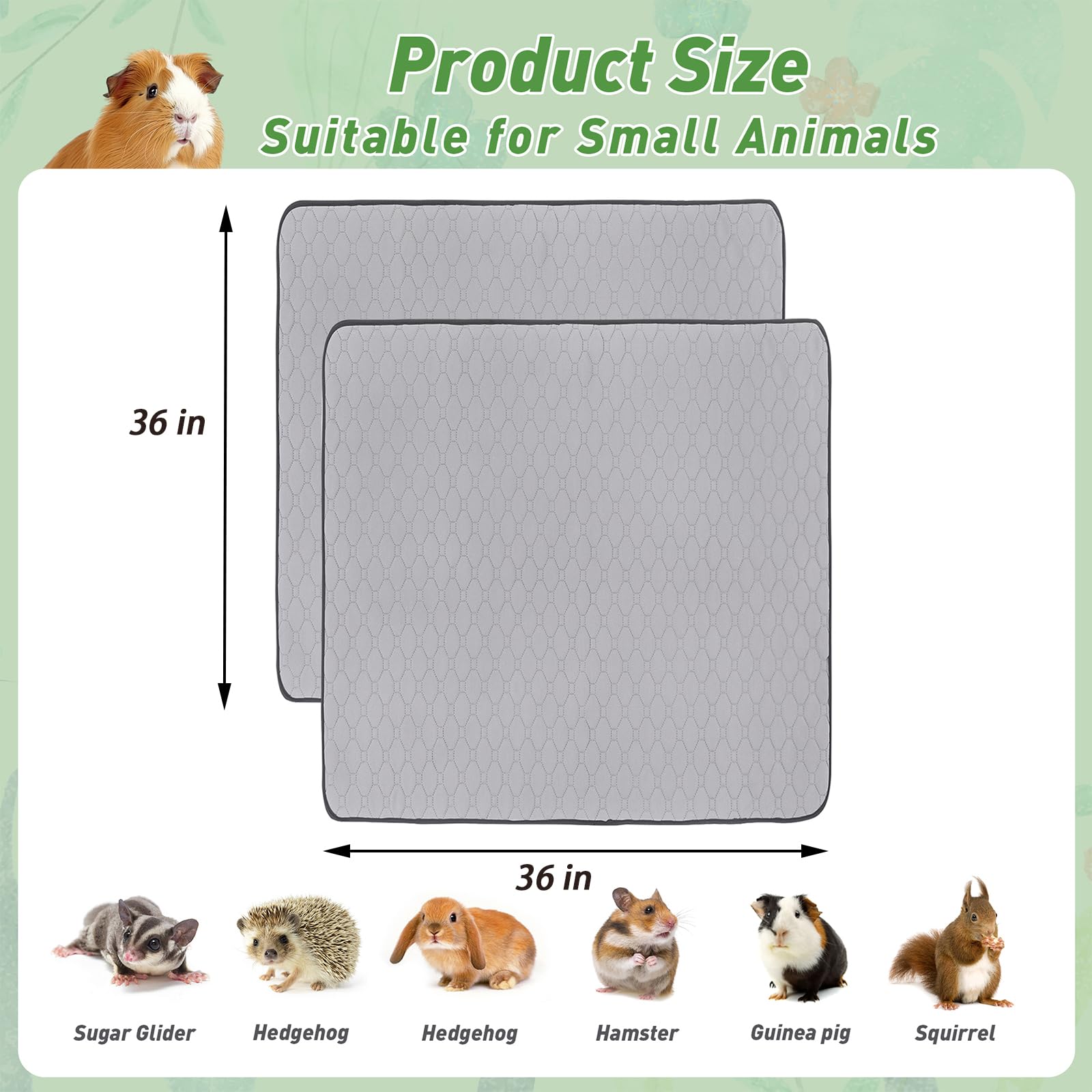 Guinea Pig Cage Liners, 2 Pack 36'' X 36'' Washable Guinea Pig Pee Pads, Non Slip Reusable Super Absorbent Guinea Pig Training M