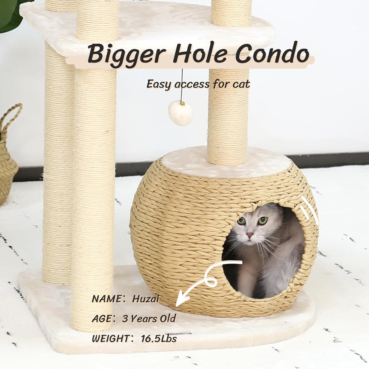 Kamaboko Modern Cat Tree, 53' Cat Tower For Indoor Cats Natural Sisal Scratching Posts, Hand-Woven Condo & Top Perch, Cat Tree