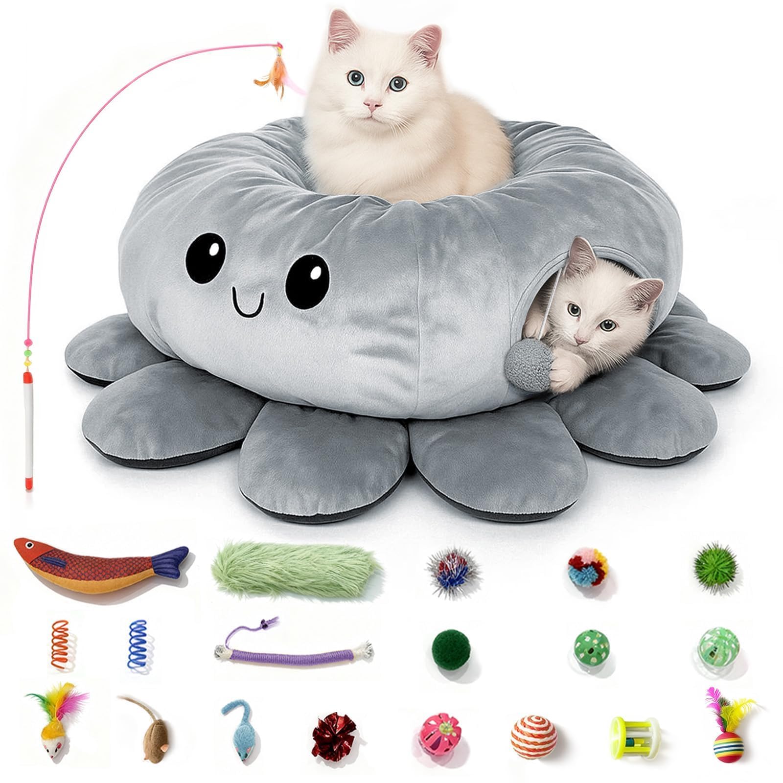 VIEFIN Cat Tunnel Bed for Indoor Cats, Peekaboo Cat Cave Bed, Cat Tunnel Christmas Tree Skirt, Octopus Shaped