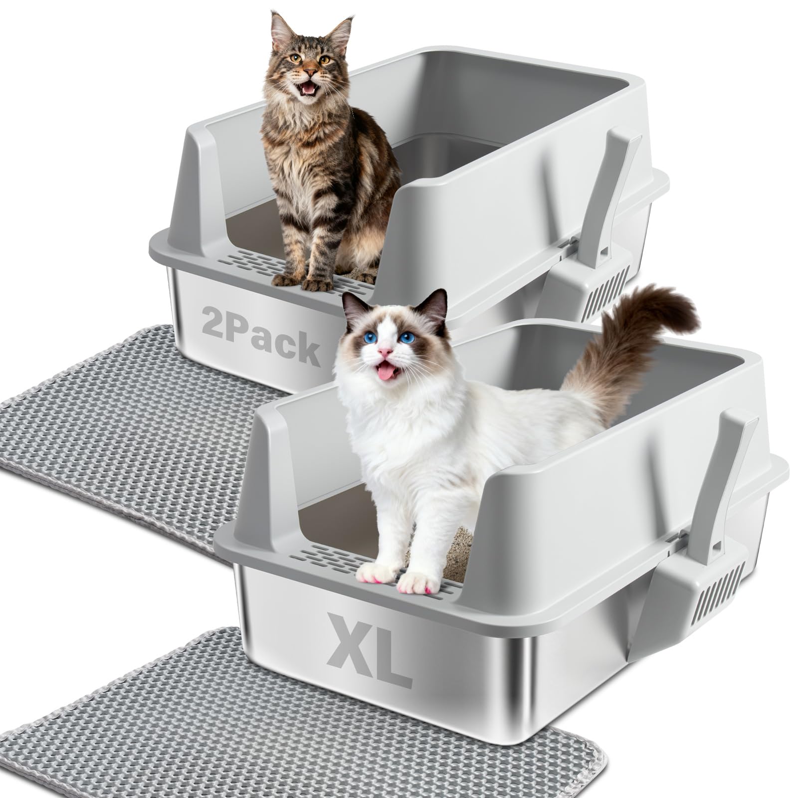 EGMEHOAD 2PACK Stainless Steel Litter Box, XL Cat Litter Box with Lid for Big Cat, Extra Large Metal Litter Boxes with High Side