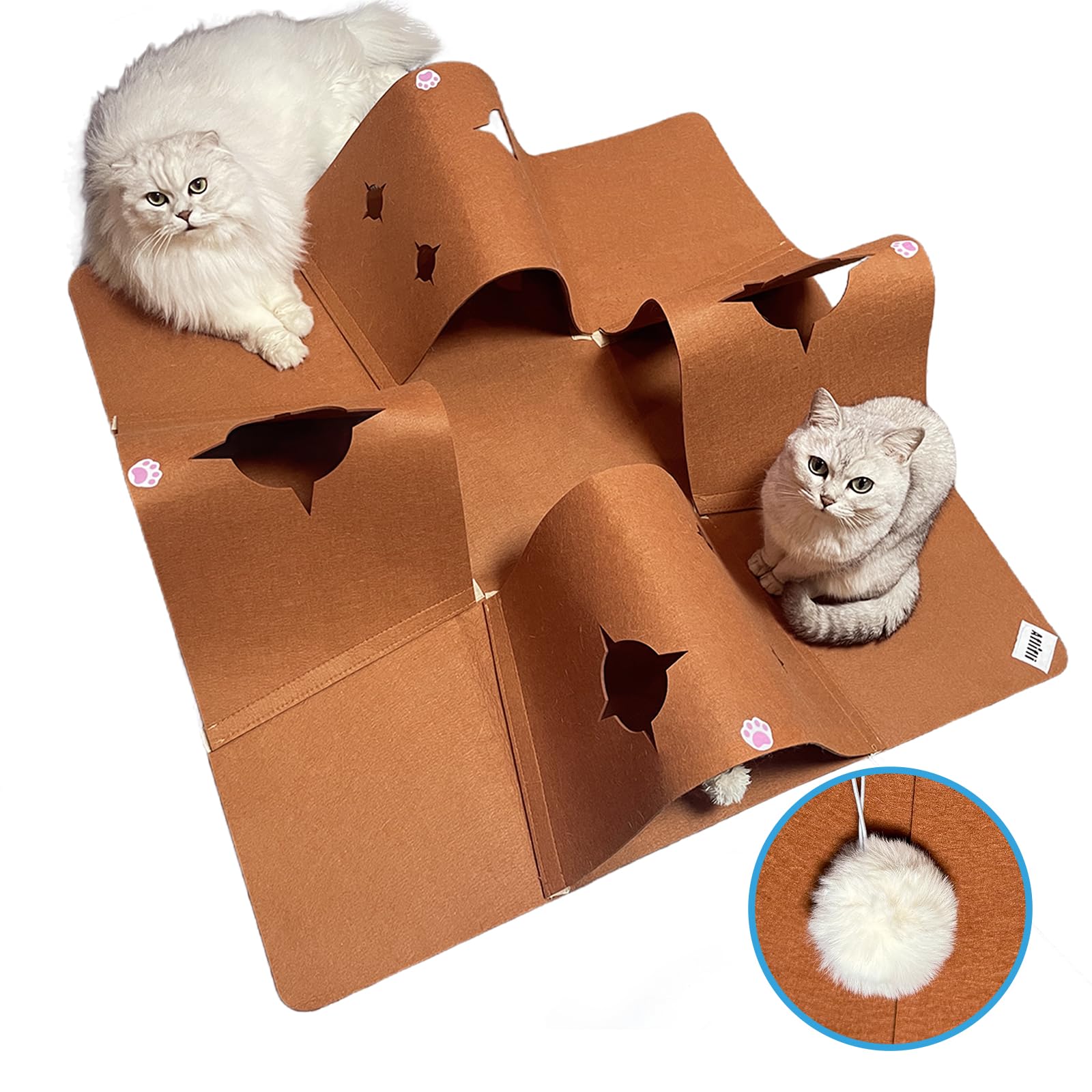 Interactive Cat Tunnel Mat For Indoor Cats, 4-Way Felt Cat Cave With Hanging Ball, Foldable Kitty Play Mat And Hideout, Pet Enri
