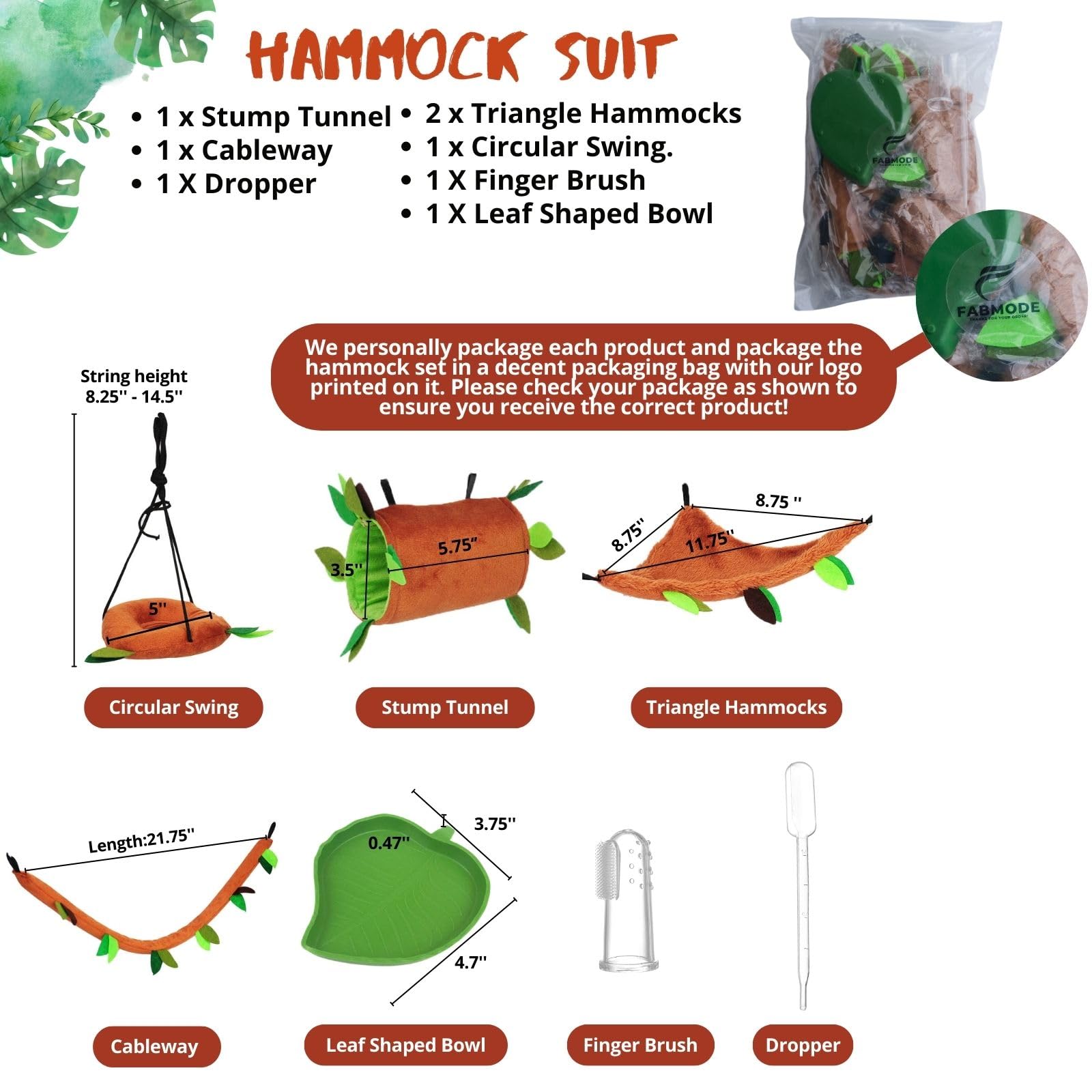 FABMODE 5Pcs Brown Sugar Glider Supplies Hammock Set for Small Pets - Cage Accessories for Hamsters, Guinea Pigs, Squirrels, Gerbils
