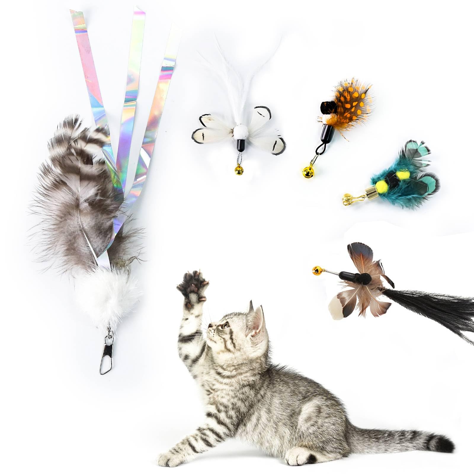 Hokoad Cat Insect Feather Toys, Cat Feather Toys Accessories, 1 Pcs Cat Wand And 6 Pieces Natural Insect Cat Toy Feathers Refill