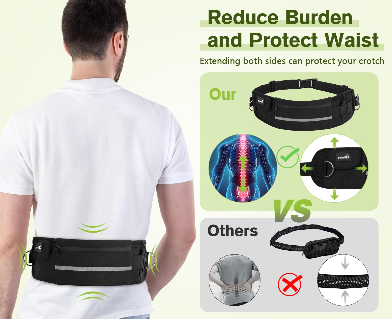 Pecute Hands Free 2 Dogs Waist Belt Fanny Pack With Soft Padded, Dual Dog Leash With Pouch, 3 Padded Handles, Durable Bungee, Bl