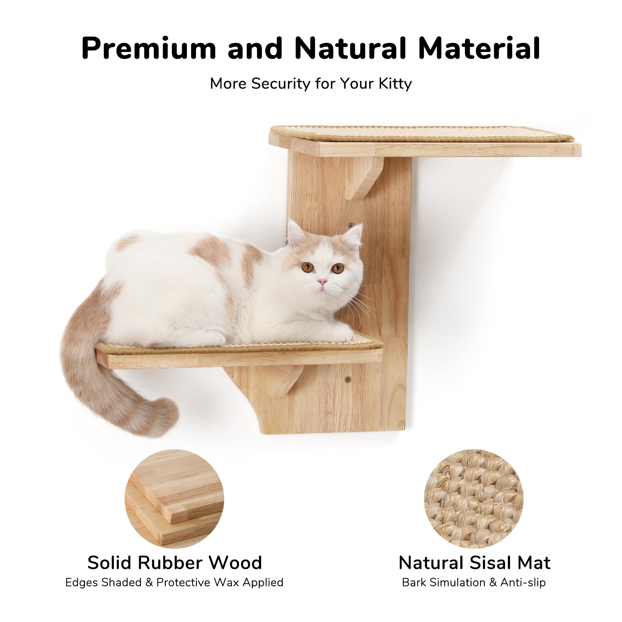 FUKUMARU Cat Wall Shelves, 2 Platform Cats Walls Furniture, Tree Shape Kitten Floating Shelf with Soft Cushion Perch, Solid Rubb