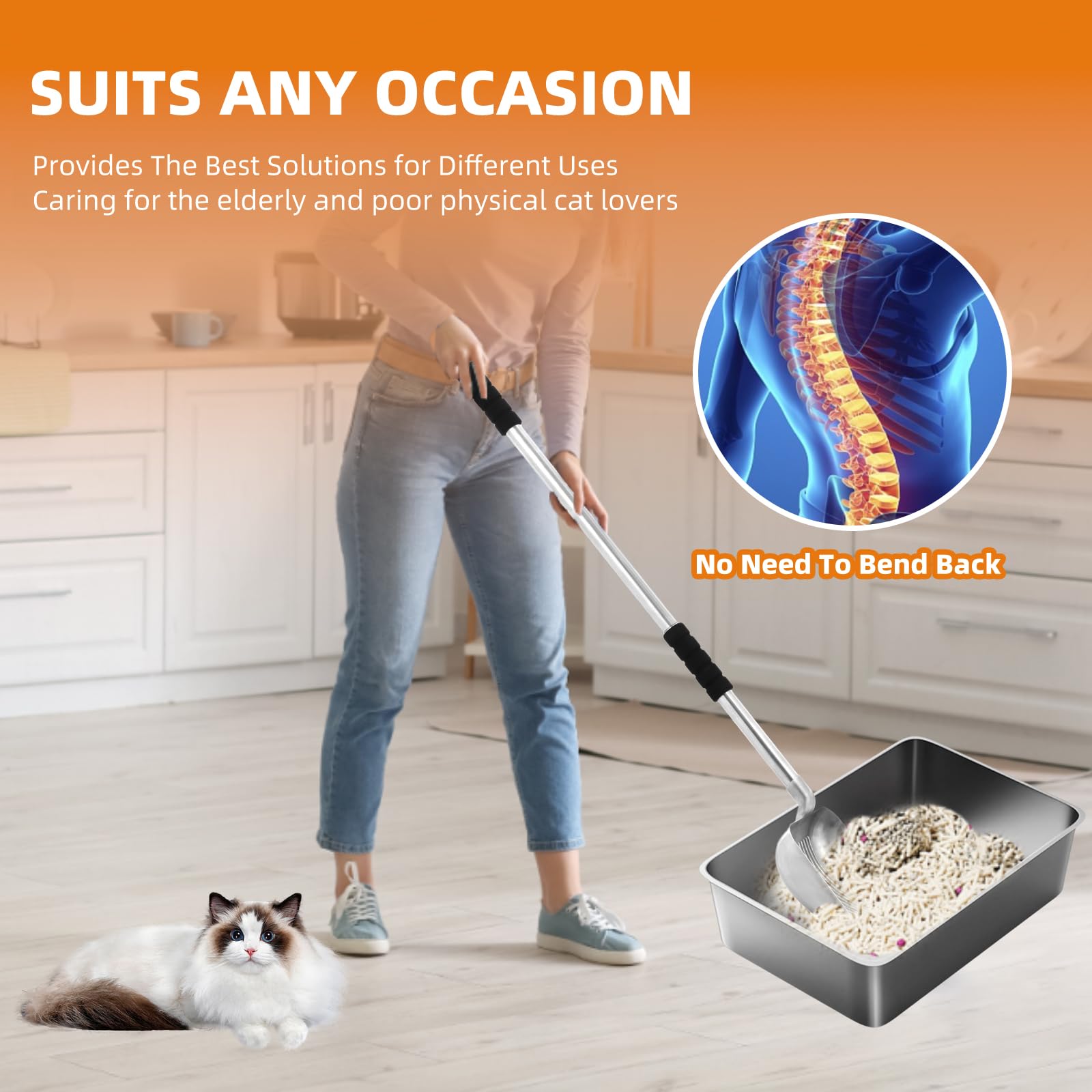 Metal Cat Litter Scoop - 32In Metal Deep Shovel - Removable Stainless Steel - No Bending Back Heavy Duty Cat Litter Scoop - Non-