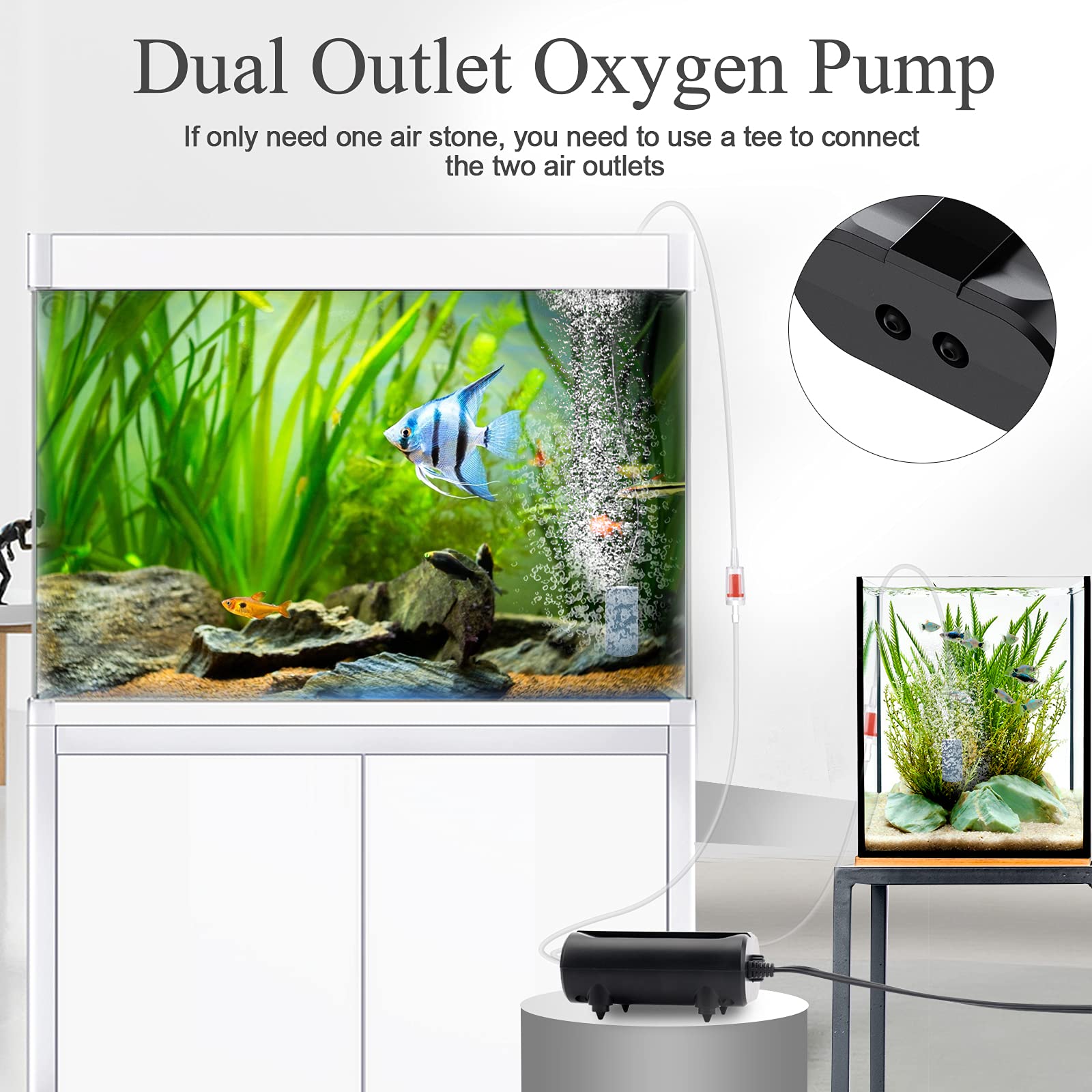 Aqqa Aquarium Air Pump,3.5W 5W Dual Outlet Oxygen Pump With 2 Air Stone,Adjustable Air Valve Quiet Bubbler Pump,Up To 160 Gallon Fish Tank (3.5W)
