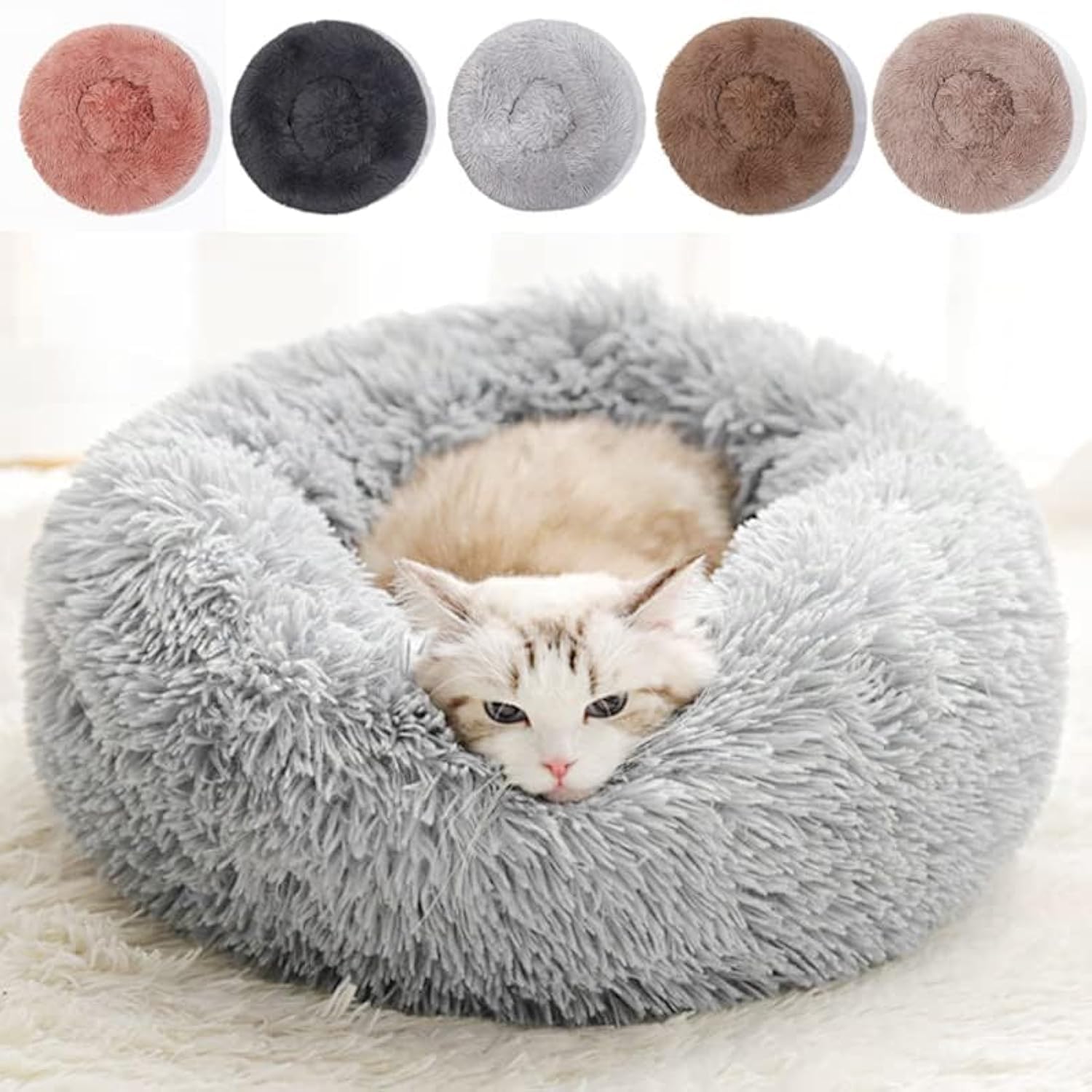 Cat Beds For Indoor Cats - Cat Bed Washable 20/24 Inches, Dog Beds For Small Medium Dogs, Anti Anxiety Round Fluffy Plush Faux Fur Cat Bed, Thick Bottom (Light Grey, Medium)