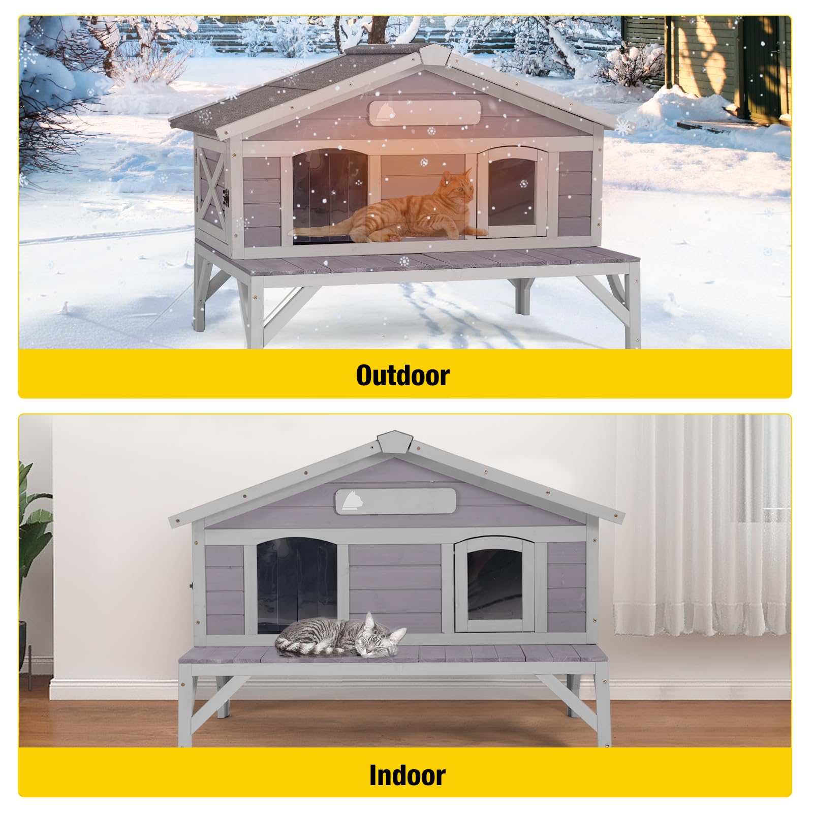 Aivituvin Outdoor Cat House, Large Weatherproof Roof, 100% Wooden, Outside Feral Cat Shelter For Winter