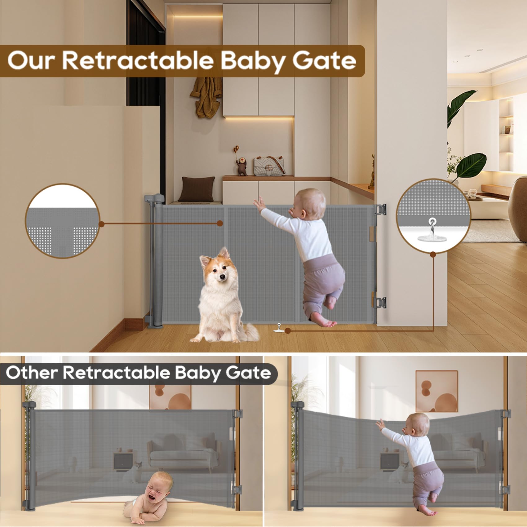 Miumoon Upgrade 71' Retractable Baby Gates With Reinforced Strip Design To Prevent Crawling Through, 34' Tall Retractable Gate For Baby And Pet, 6 Ft Baby Gates For Stairs, Doorways, Hallways(Gray)