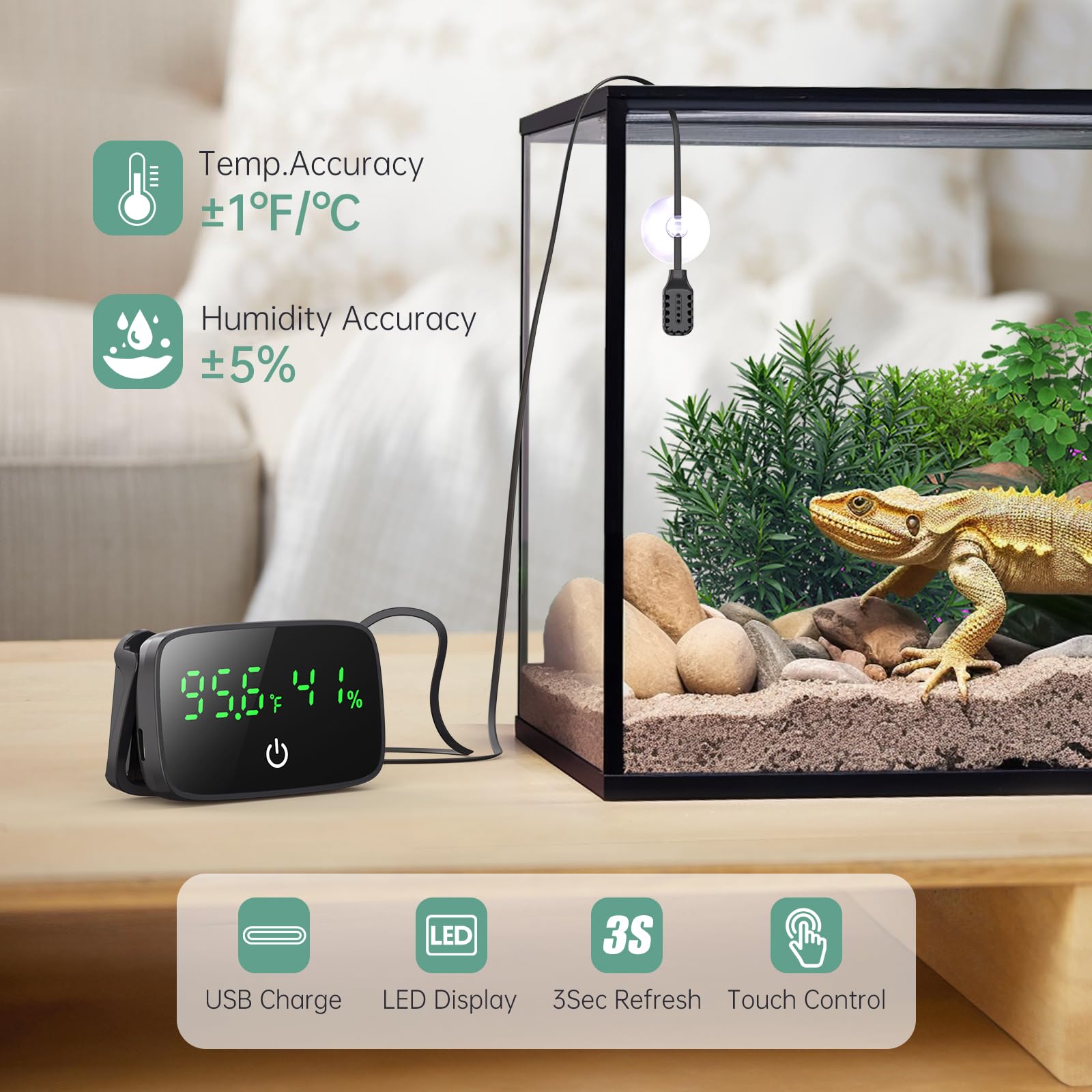 PAIZOO Reptile Thermometer Hygrometer, LED Digital Terrarium Thermometer and Humidity Gauge Snake Tank Accessories with USB Char