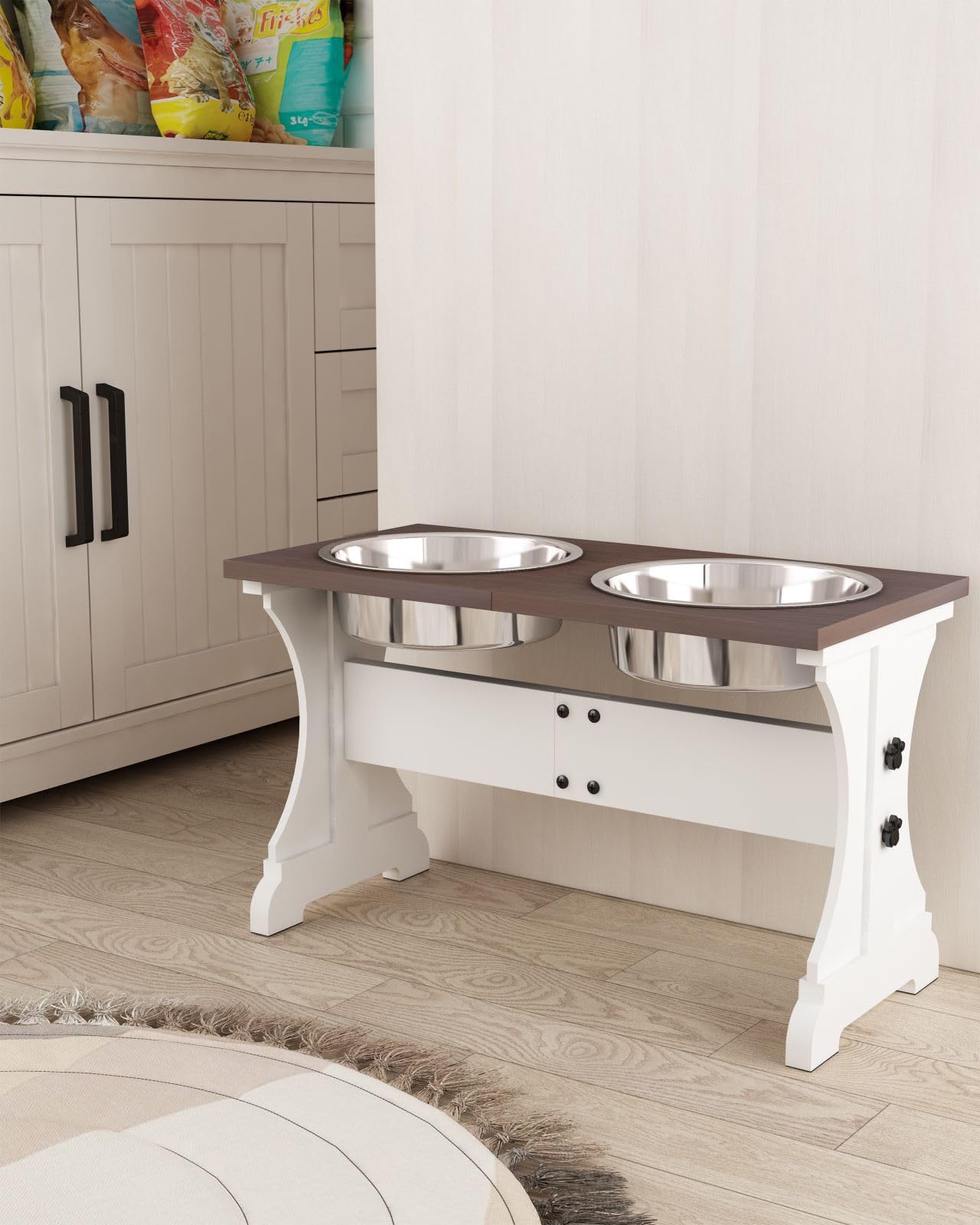 Piskyet Elevated Dog Bowls,Farmhouse Dog Bowls Stand, Raised Dog Bowl with 2 Stainless Steel Wooden Dog Bowls 9 Cups 13.8''H_80