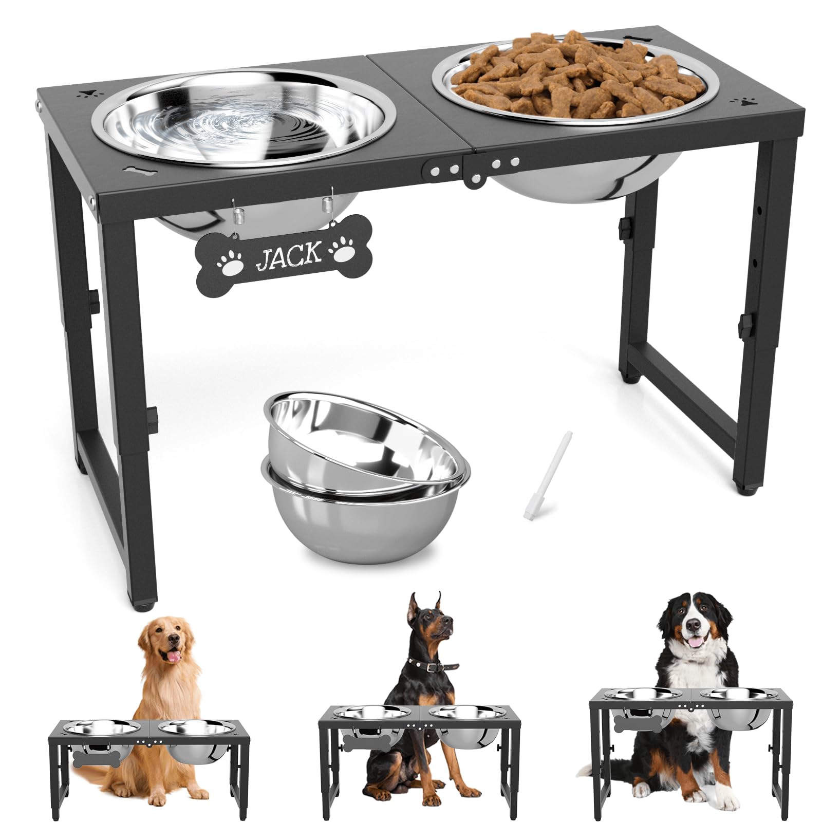 SHAINFUN Elevated Dog Bowls for Large Dogs, 3 Height Adjustable,Raised Tall Dog Food Water Bowl Stand with Two 101oz Bowls