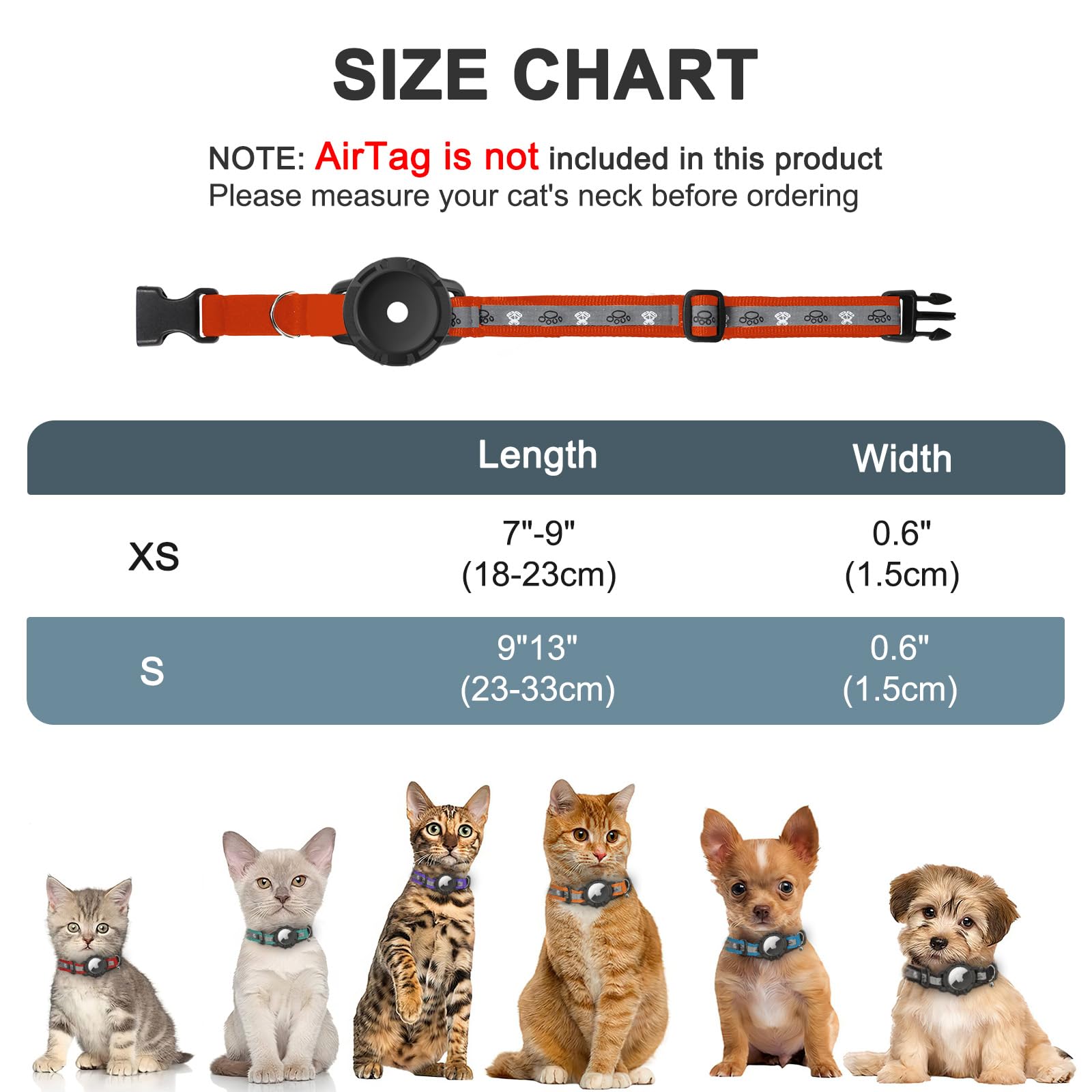 Reflective Airtag Cat Collar, Integrated Cat Tracker Collar With Air Tag Holder And Bell, Safety Elastic Band Cat Gps Collars For Girl Boy Cats, Kittens And Puppies (Orange, S)