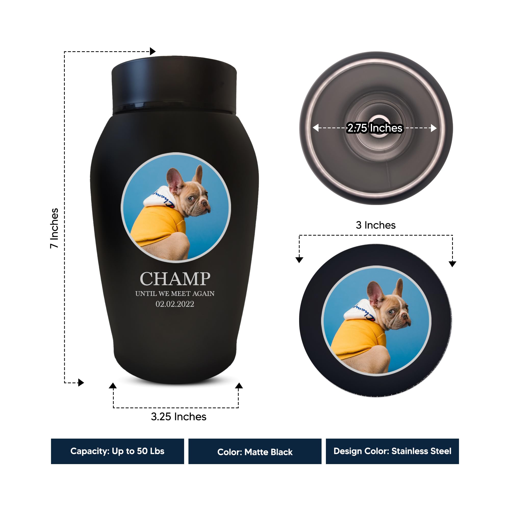 Personalized Custom Photo Dog Urn Engraved Dog Name And Date Stainless Steel Cremation Urns For Dogs Ashes With Pet Photo | Up T