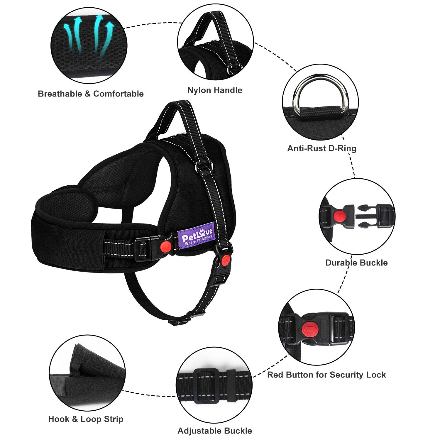 Petlove Dog Harness, Adjustable Soft Leash Padded No Pull Dog Harness For Small Medium Large Dogs, Black