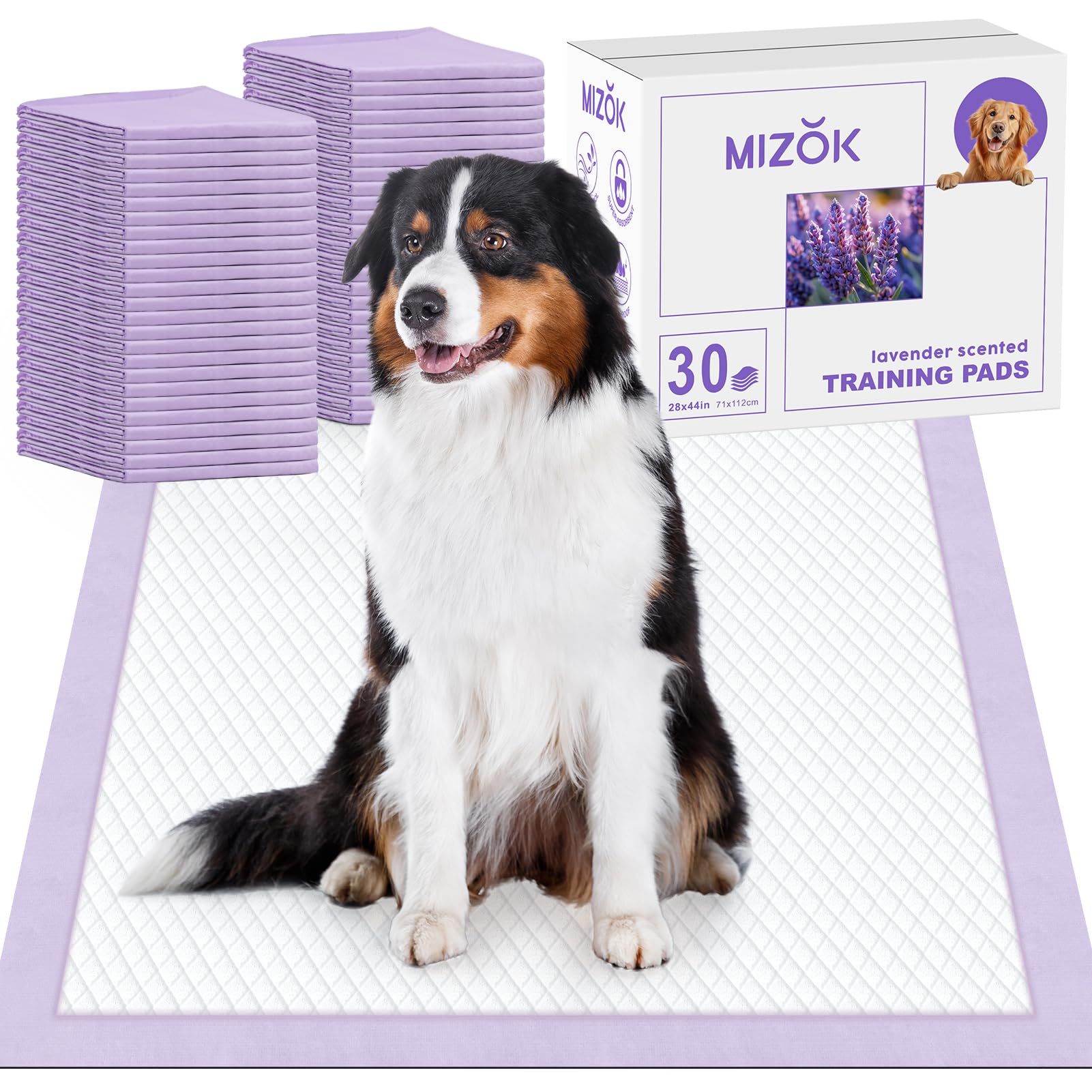 MIZOK Dog Pads Extra Large 28x44in Potty Pads for Dogs XXL, Puppy Pads Lavender Scented Odor Control, Pee Pads for Dogs Ultra Ab