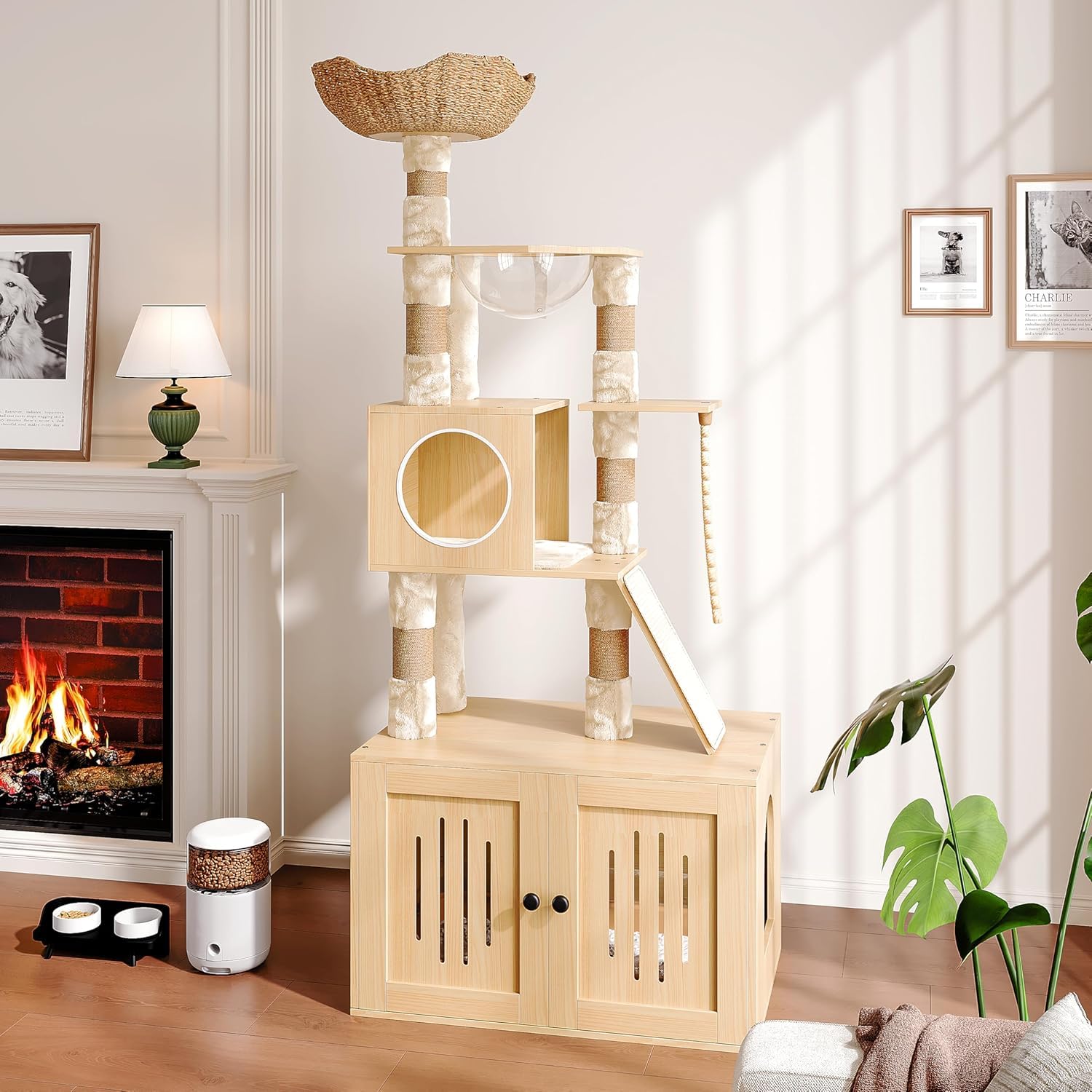 Tall Cat Tree with Litter Box Enclosure, 66.9    Multi-Level Cat Condo Tower, Sturdy Cat House with Perches, Hammock & Scratchin