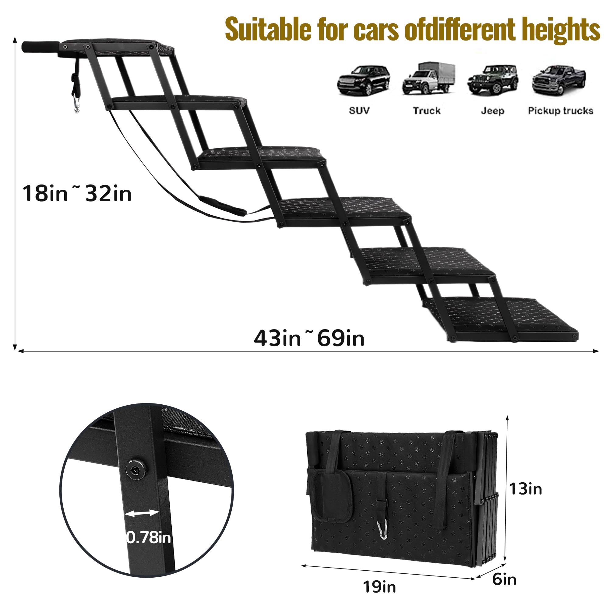 Extra Wide Dog Stairs For Car - Foldable Dog Ramps For Large Dogs With Non Slip Surface, Portable Dog Steps For Cars And Suv, Tr