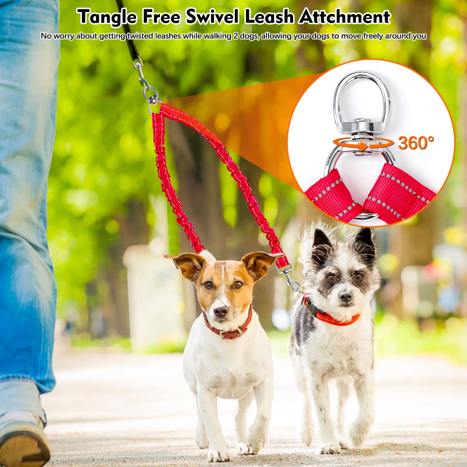 2 Dog Leash,Double Dog Leash Coupler Tangle Free Bungee Dog Leash, 360 Swivel No Tangle Double Dog Walking & Training Leash, Com
