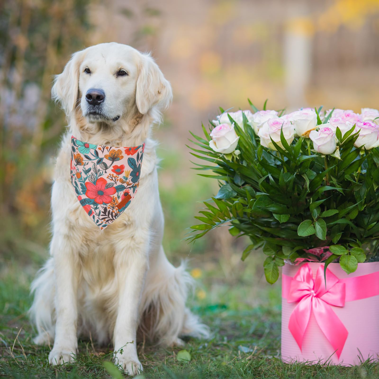 Ptdecor Flower Dog Bandana,2 Pcs Floral Reversible Dog Scarf, Multi Size, Triangle Pet Bandanas For Extra Large Dogs (Flower, X-