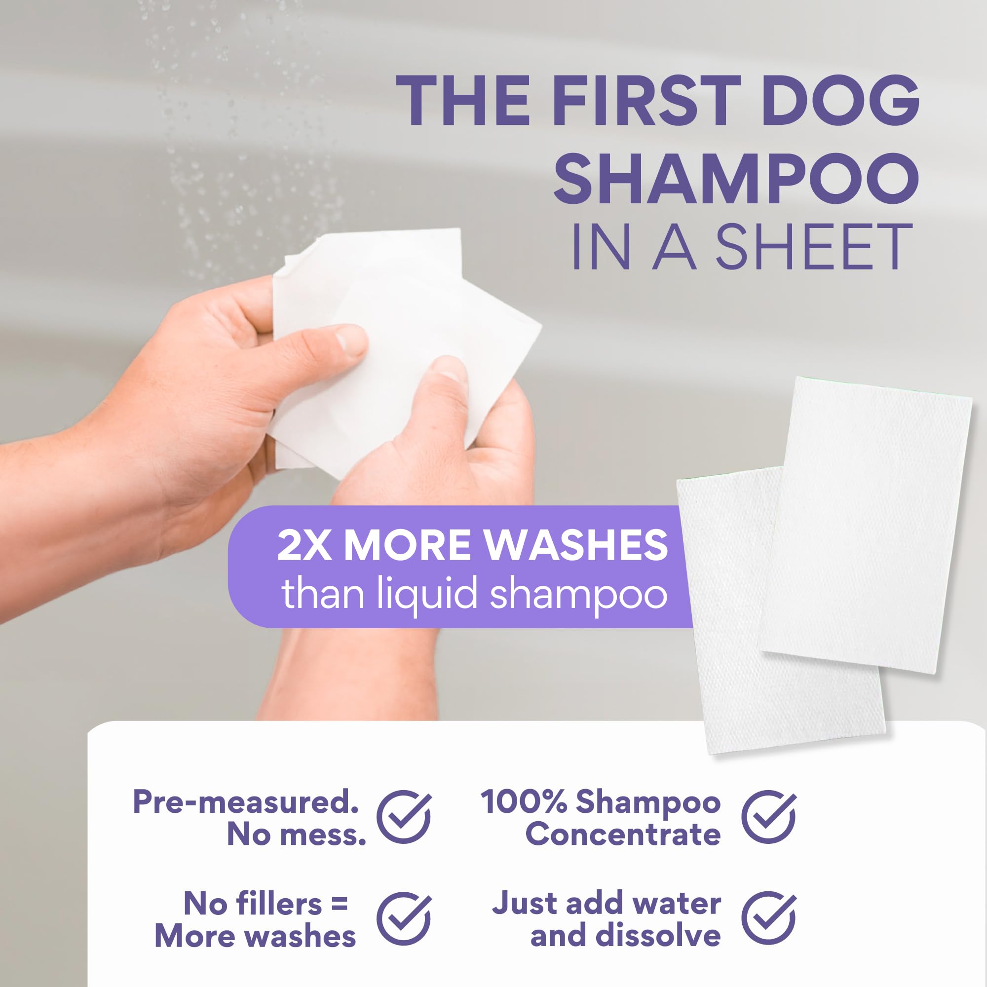 Washies Lavender Dog Shampoo Sheets, 2X Washes Than Liquid, Water Activated, Poodle & Smelly Dog Bath, Travel-Friendly, 65Ct