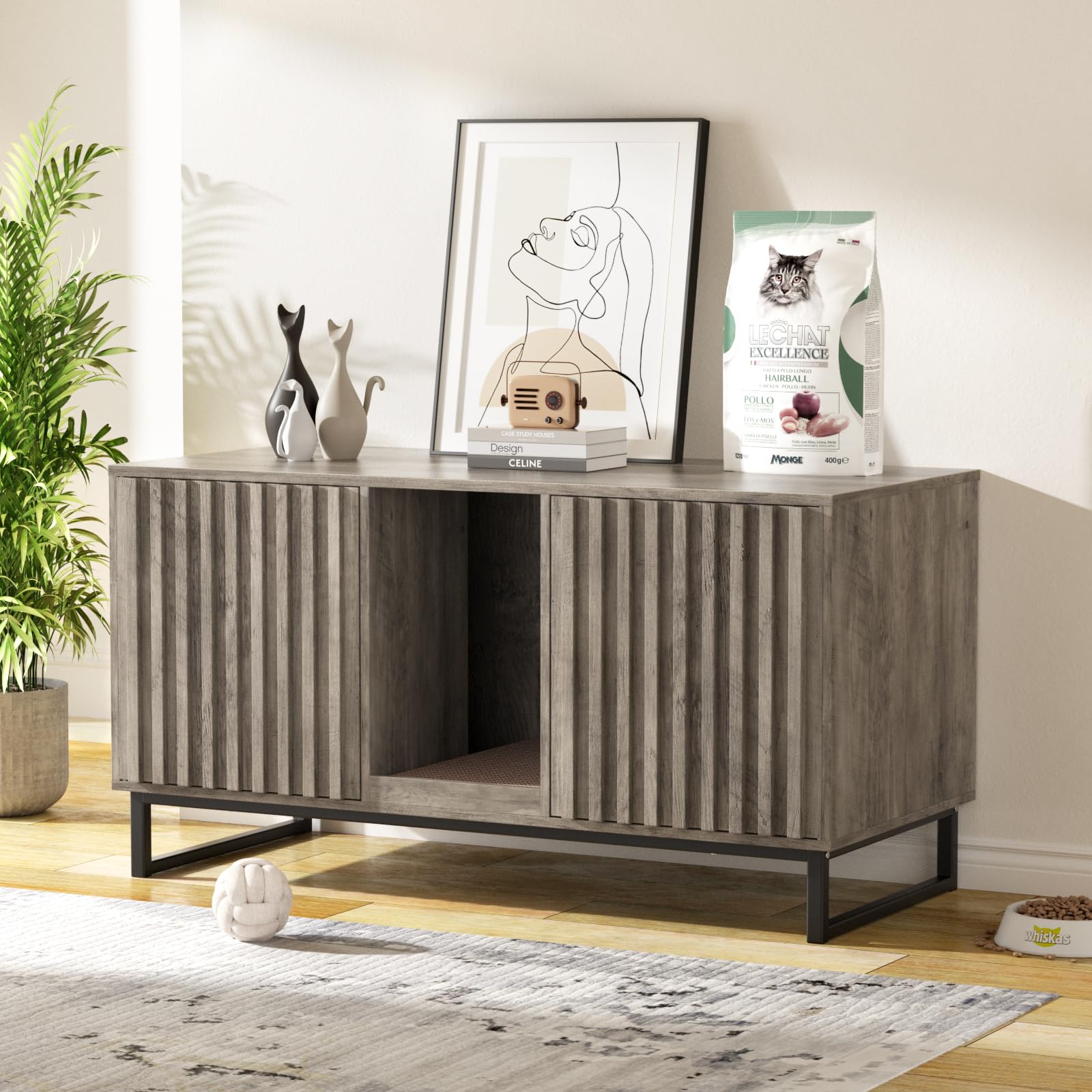Vabches 47.2    Large Cat Litter Box Enclosure With Scratch Pad, Double Hidden Wooden Indoor Cat House, Tv Stand Side Table Pet 
