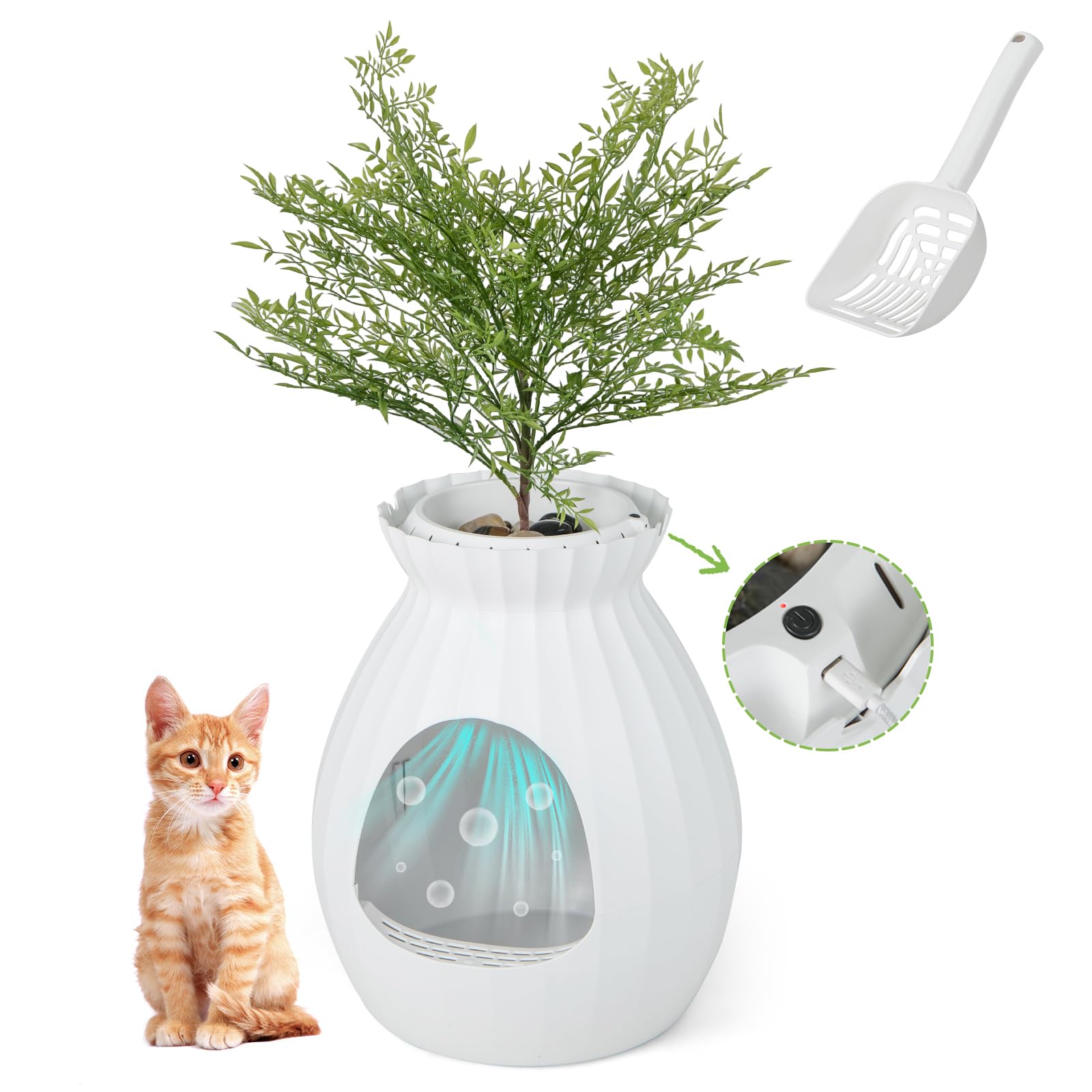 Petsite White Plant Litter Box, Cat Hidden Litter Box Enclosure With Artificial Plant, Advanced Odor Removal System, Detachable 