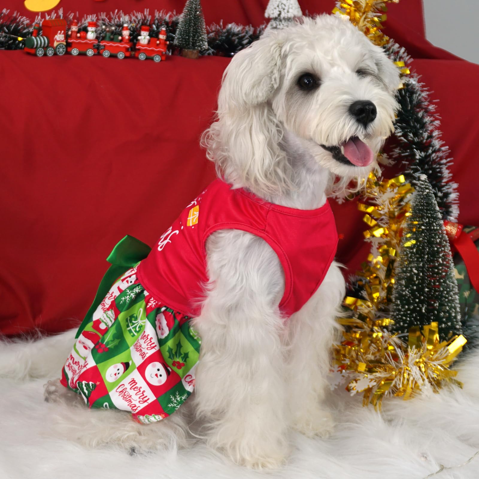 Xpudac Dog Christmas Outfit Dog Dress Holiday Puppy Clothes For Small Dogs Girl, Pet Costume Cat Outfits Red Green-Xs