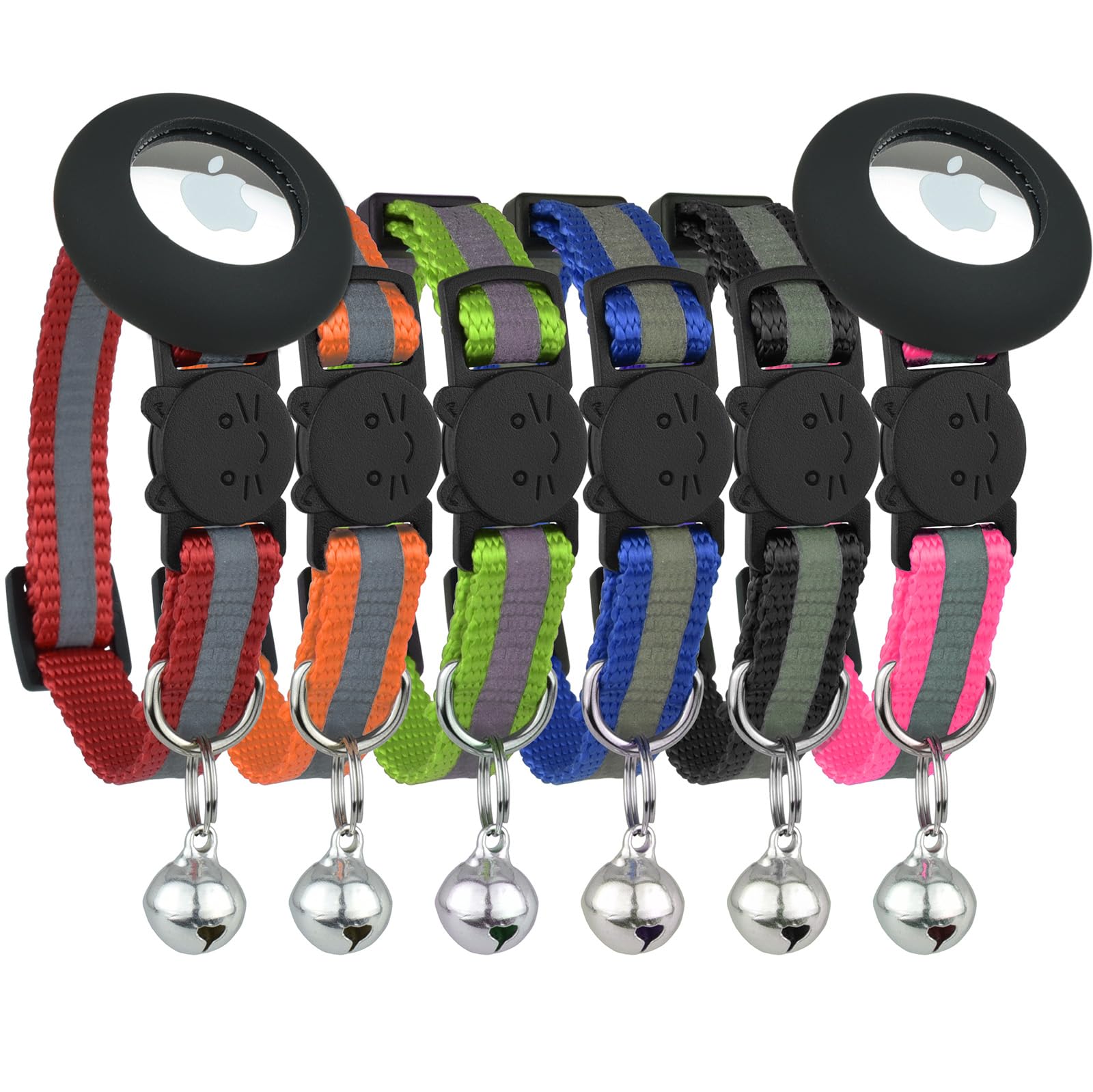 Reflective Cat Collar With Airtag Holders, Set Of 6, With Bells, Solid & Safe Collars For Cats, Nylon, Mixed Colors, Pet Collar,