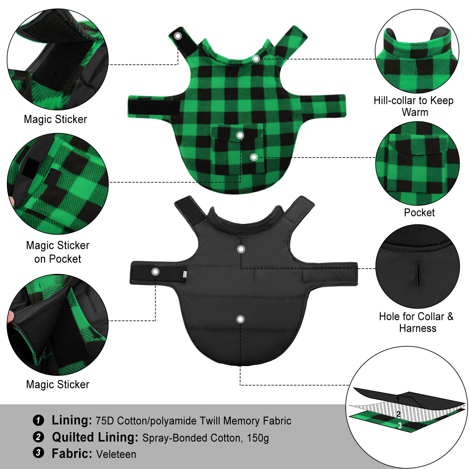 asenku Reversible Dog Vest - Winter Coat, Waterproof, Plaid, Green Vest for Small, Medium, Large Dogs
