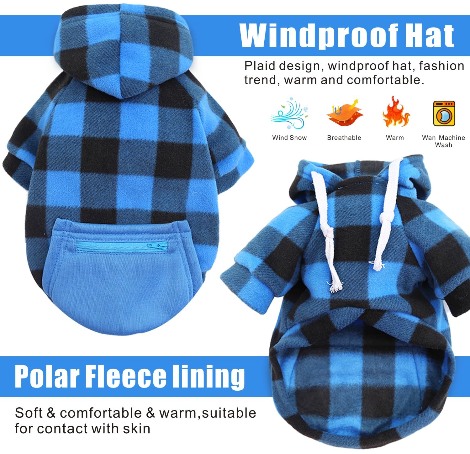 Mrcopetal Plaid Dog Sweatshirt & Puppy Sweater - Soft Brushed Fleece Hoodies With Zipper Pocket - Dog Winter Coat - Cotton Pet H