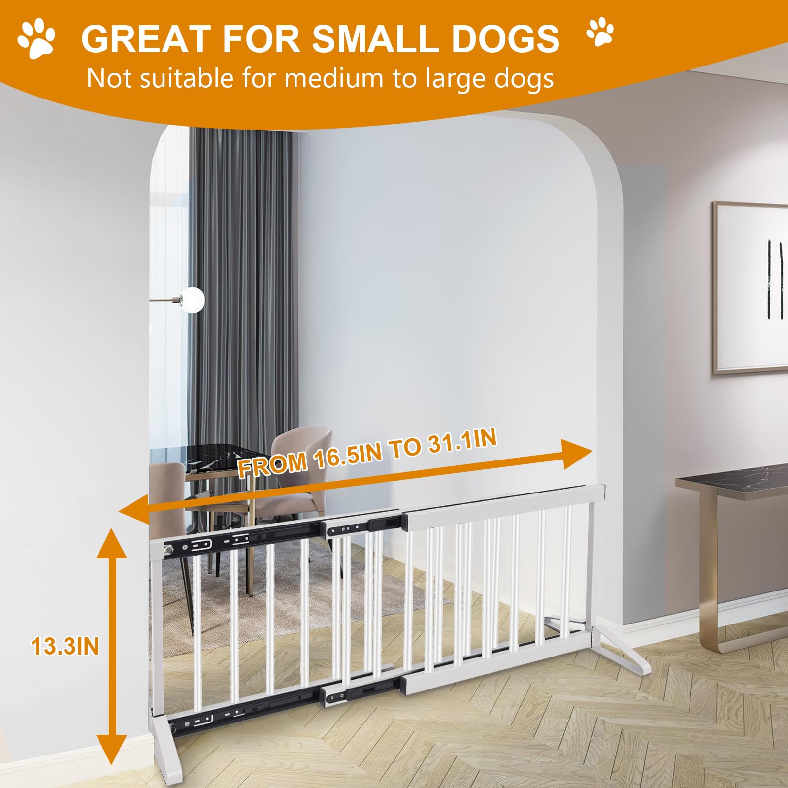 White Metal Dog Gate for Small Dogs - 13.3 Short Freestanding Puppy Gate with Retractable Sliding Rail, No Installation, Indoor/