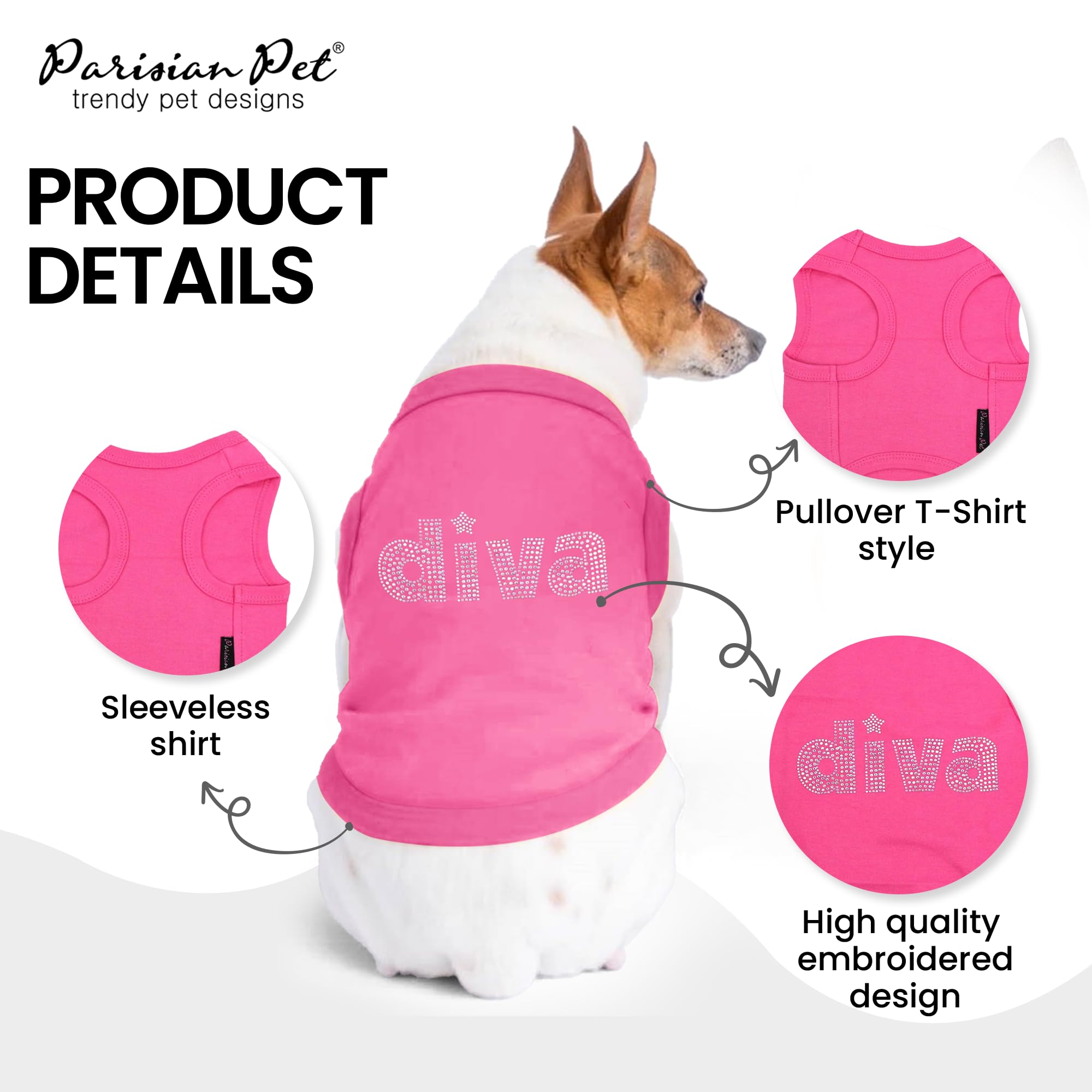 Parisian Pet Dog T-Shirt With Embroidered ' Diva ' - Breathable Tank Top - Sleeveless Pet Vest - Machine Washable Pink Tee Shirt