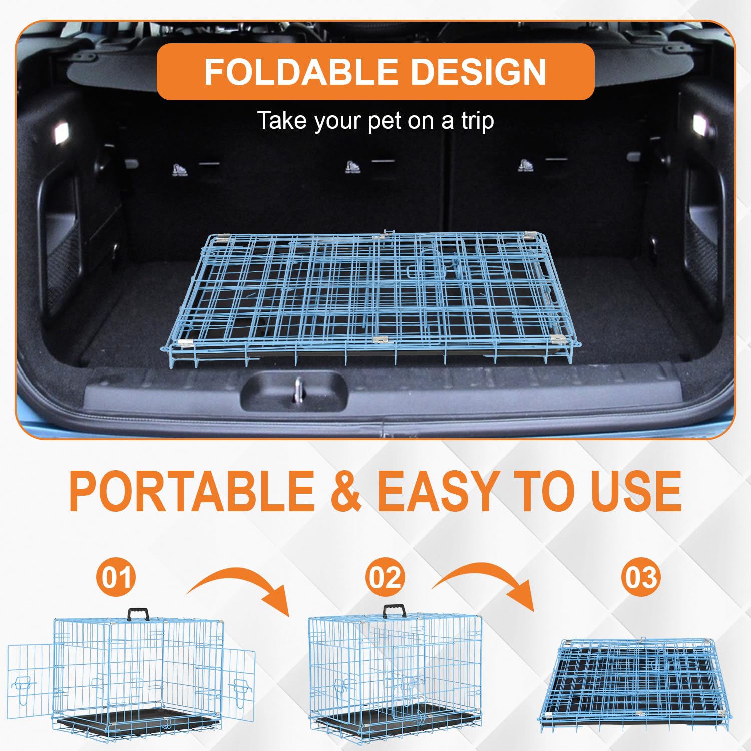 Wire Dog Crate 24 Inch Dog Kennel Cage, Double Door Folding Dog Cage, Wire Dog Kennel With Removable Tray, Indoor&Outdoor,Blue